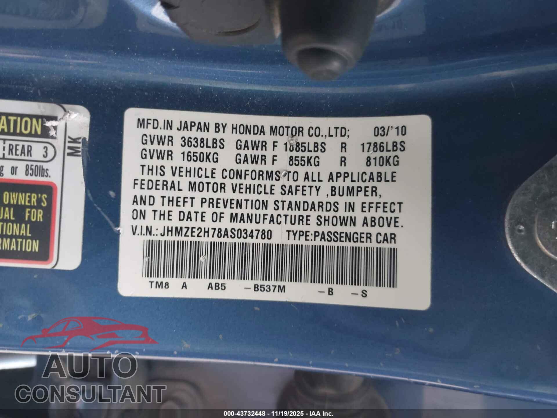 HONDA INSIGHT 2010 - JHMZE2H78AS034780