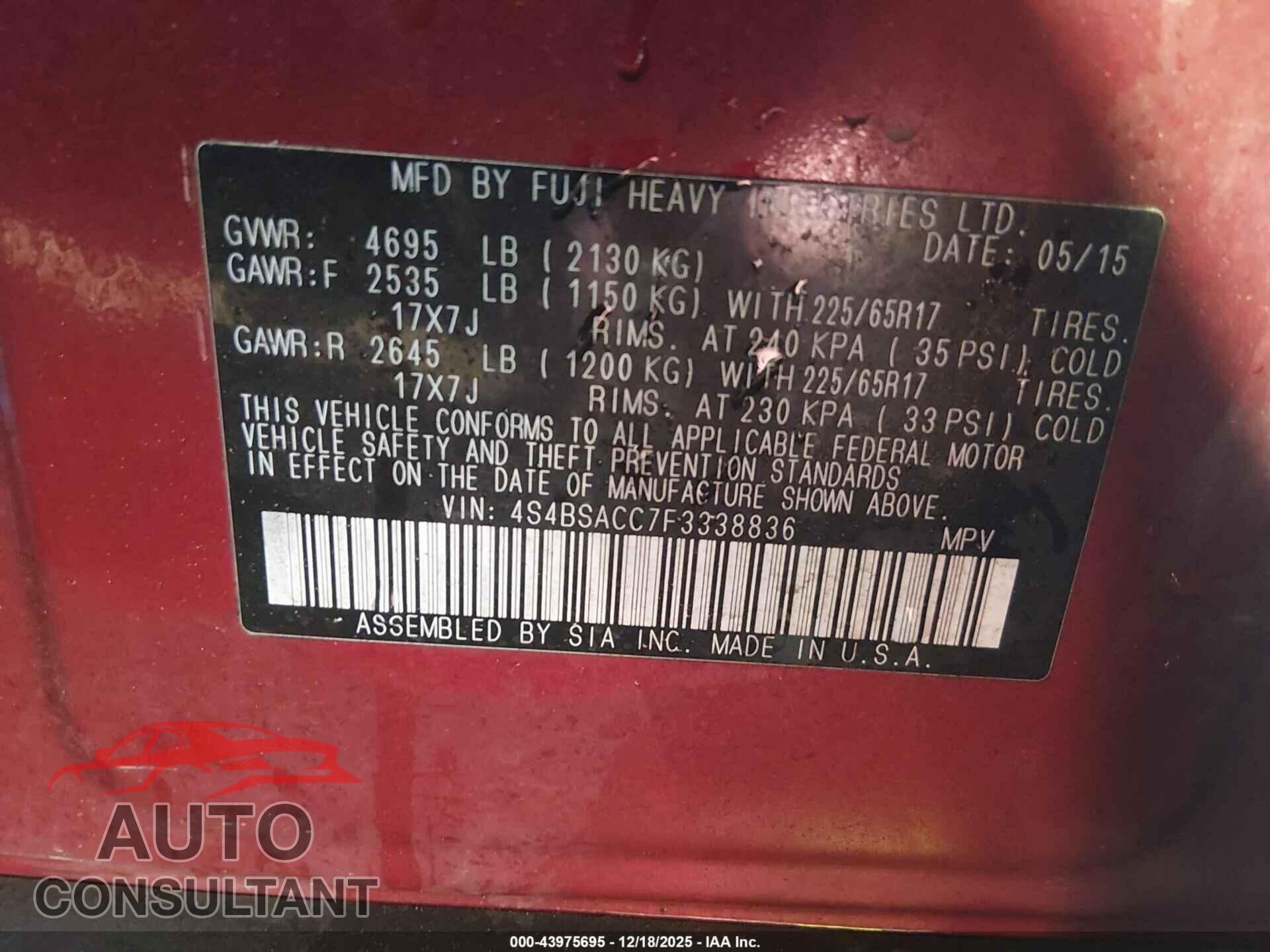 SUBARU OUTBACK 2015 - 4S4BSACC7F3338836