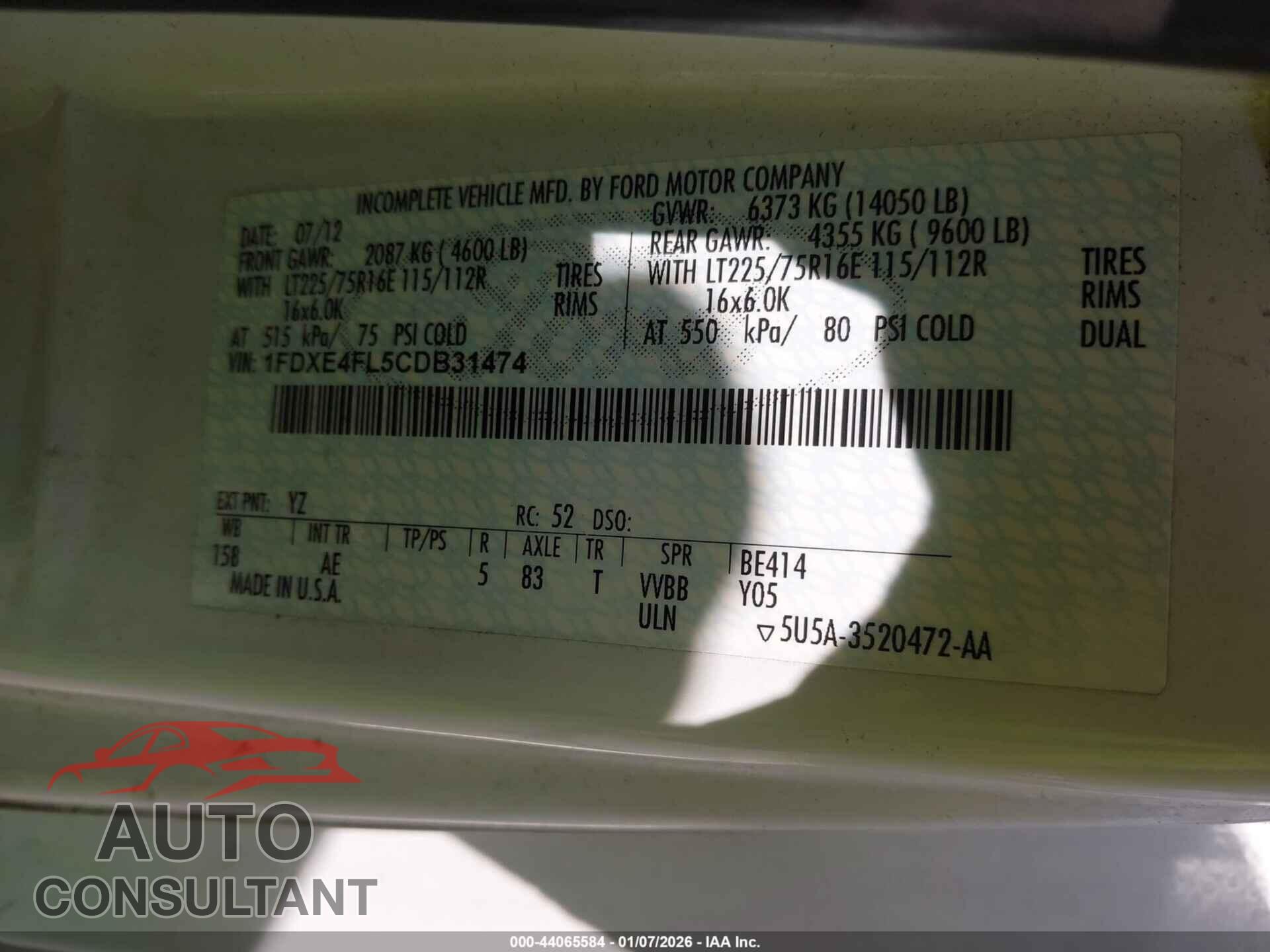 FORD E-450 CUTAWAY 2012 - 1FDXE4FL5CDB31474
