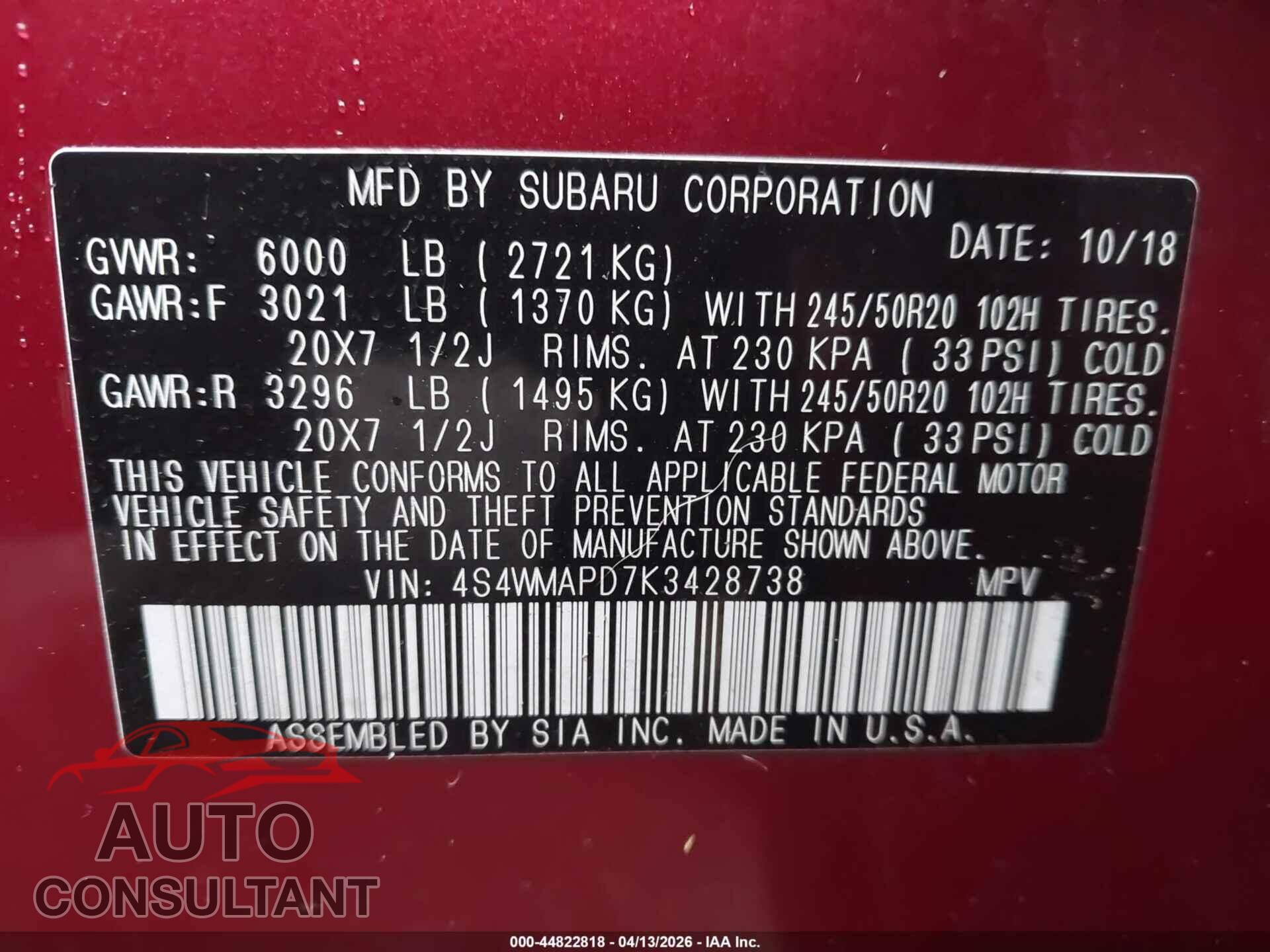 SUBARU ASCENT 2019 - 4S4WMAPD7K3428738