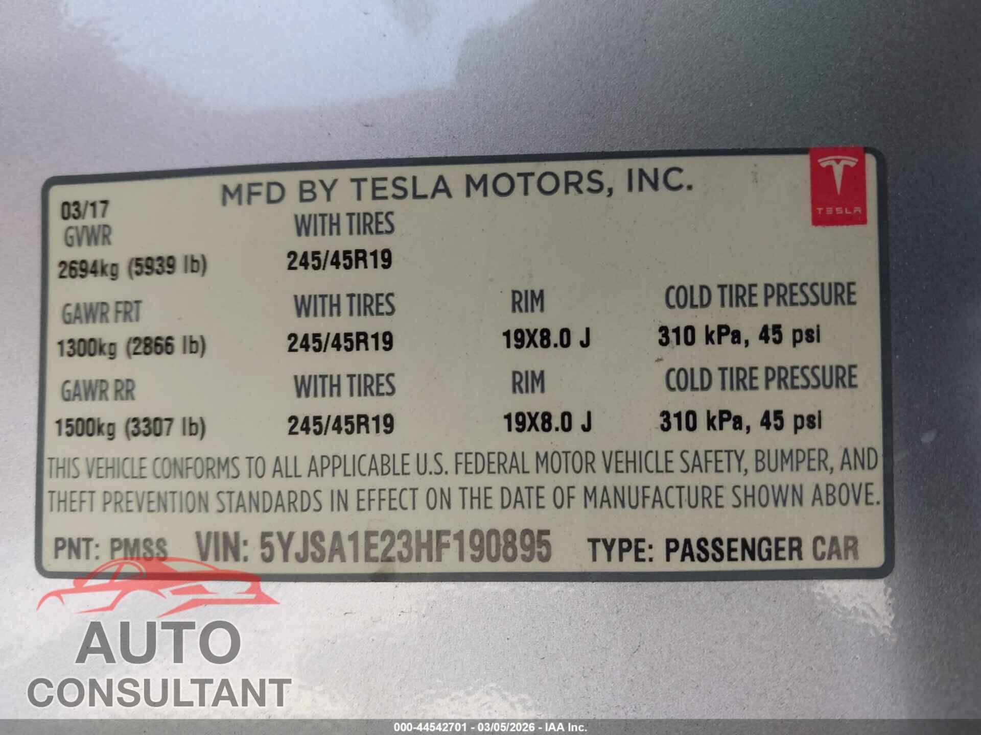 TESLA MODEL S 2017 - 5YJSA1E23HF190895