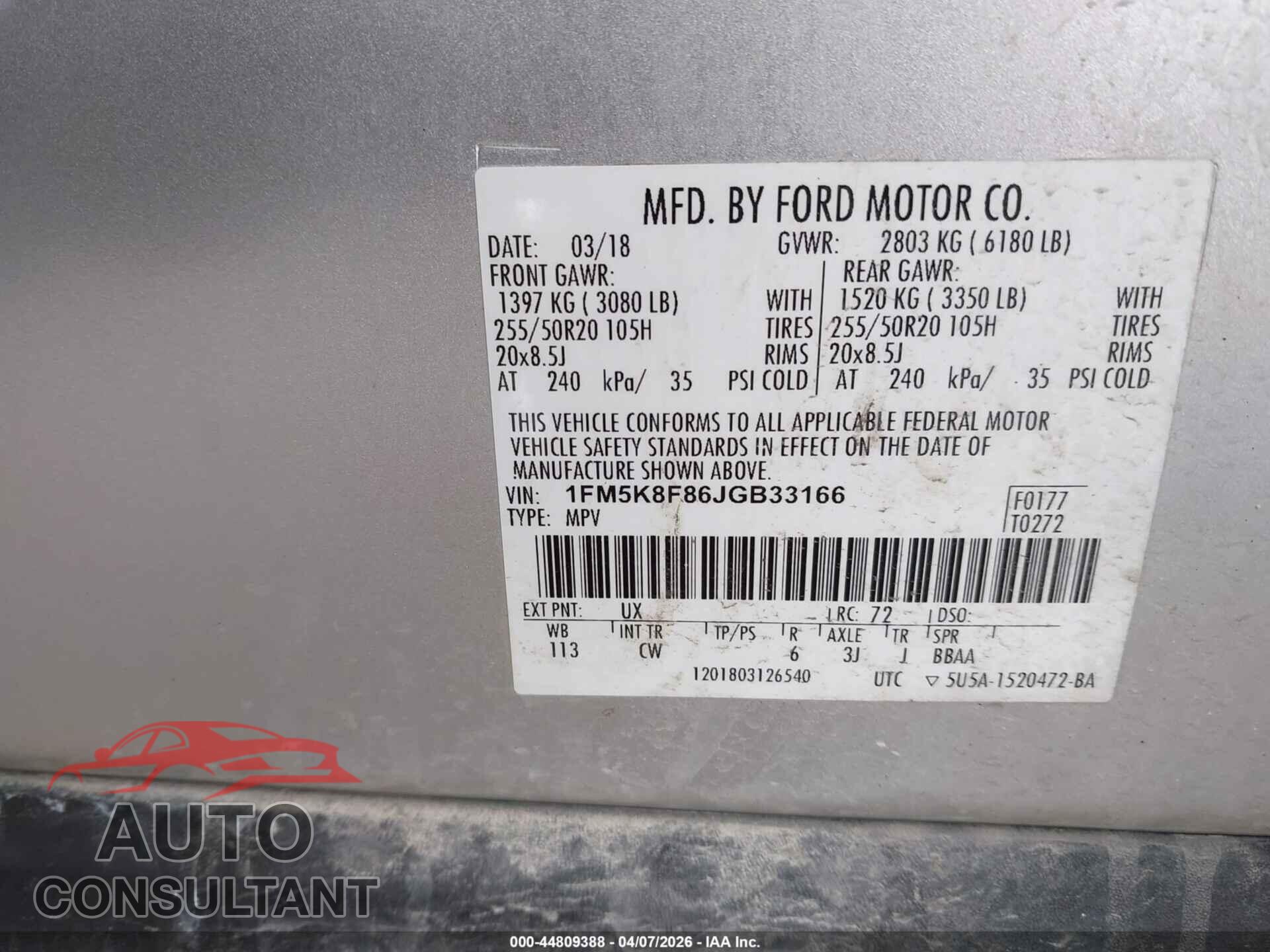 FORD EXPLORER 2018 - 1FM5K8F86JGB33166