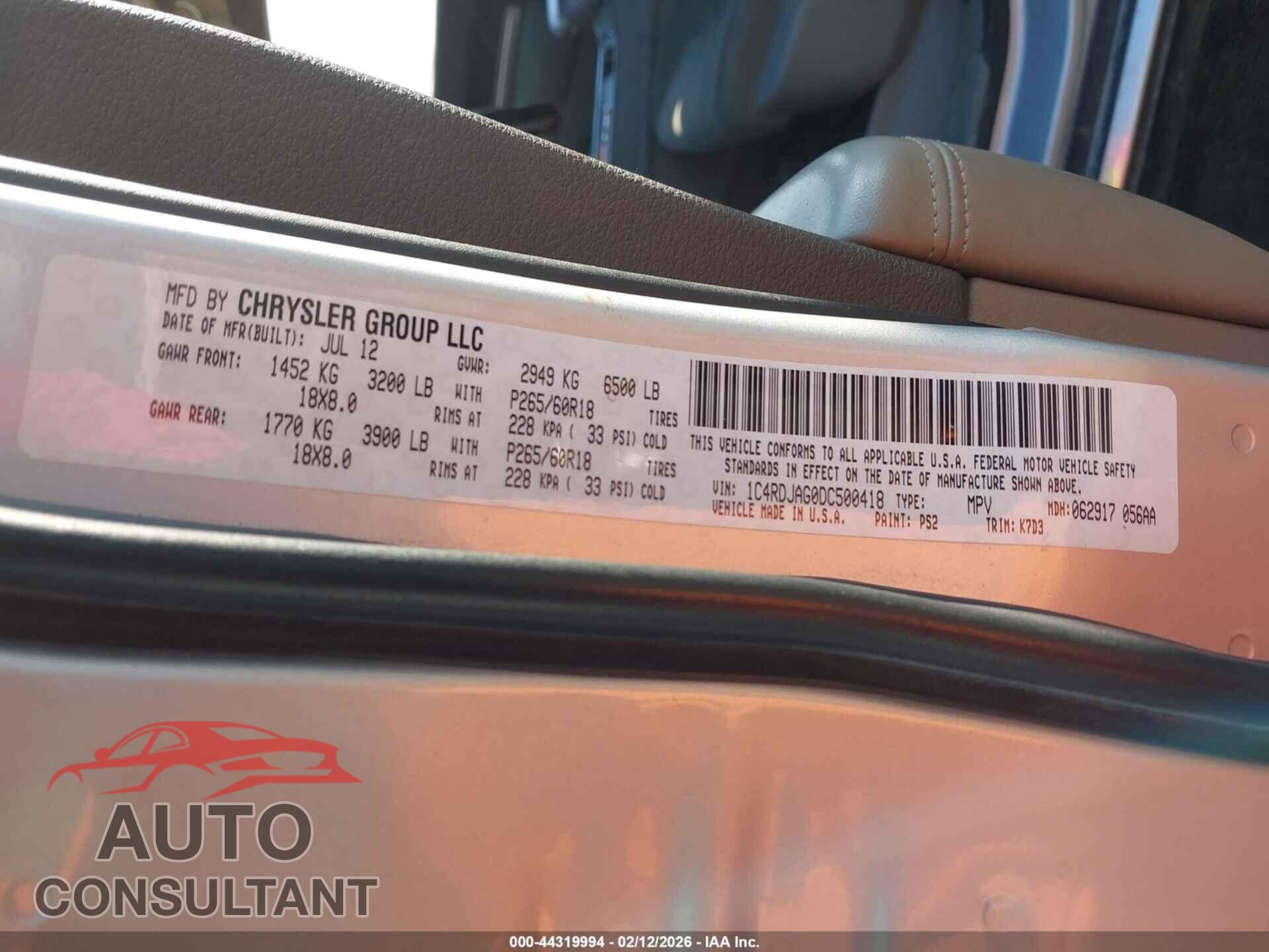 DODGE DURANGO 2013 - 1C4RDJAG0DC500418
