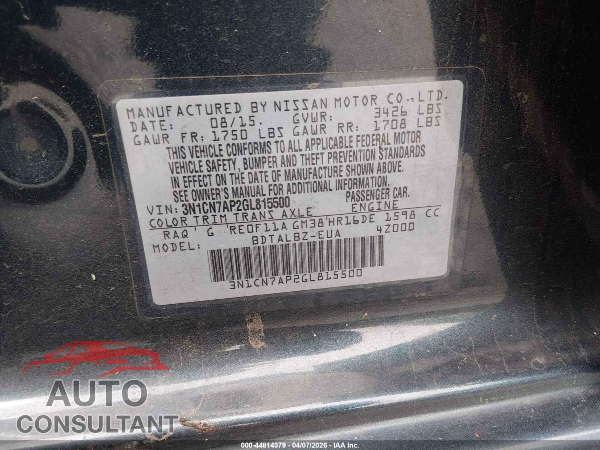 NISSAN VERSA 2016 - 3N1CN7AP2GL815500