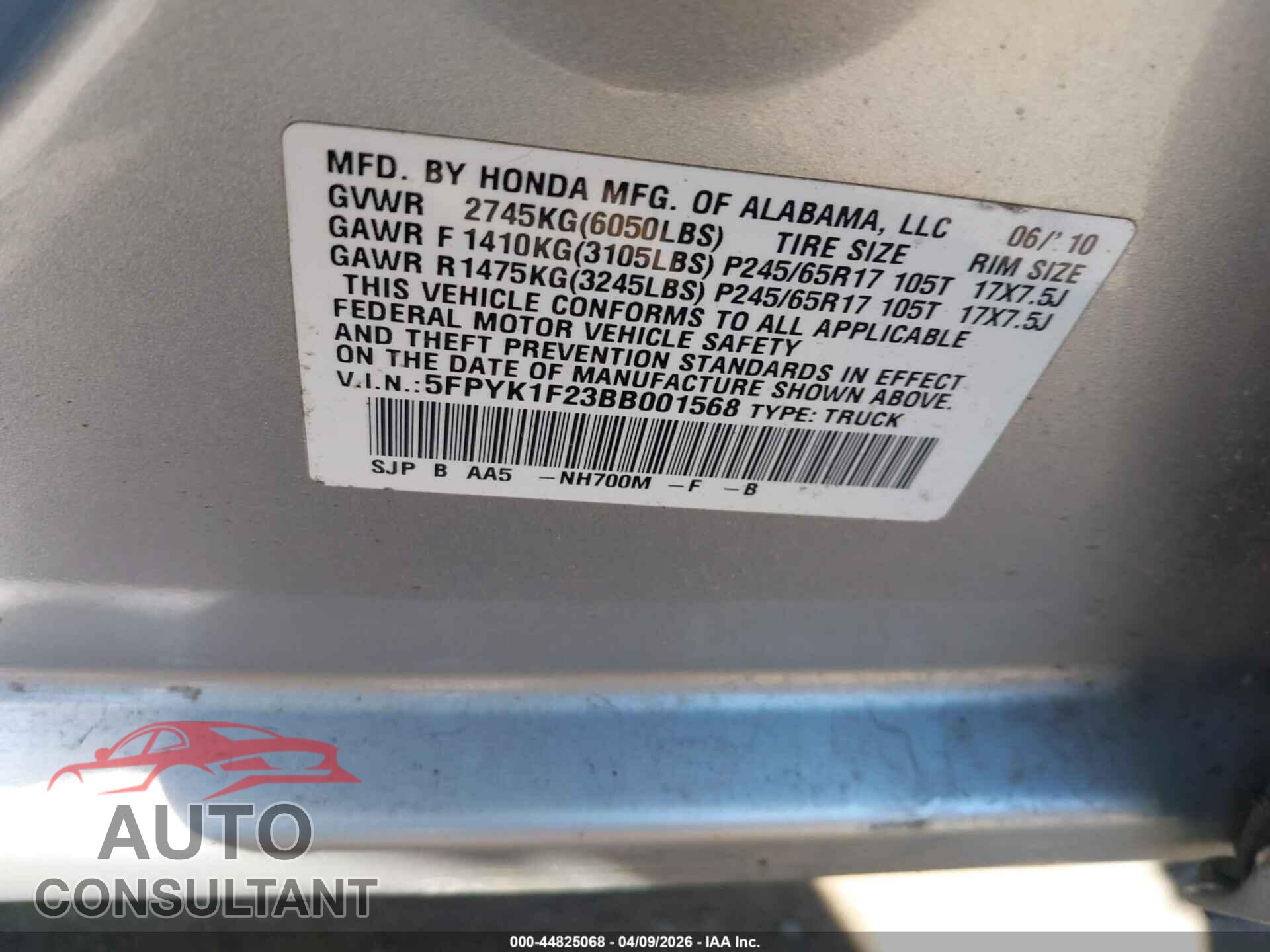HONDA RIDGELINE 2011 - 5FPYK1F23BB001568