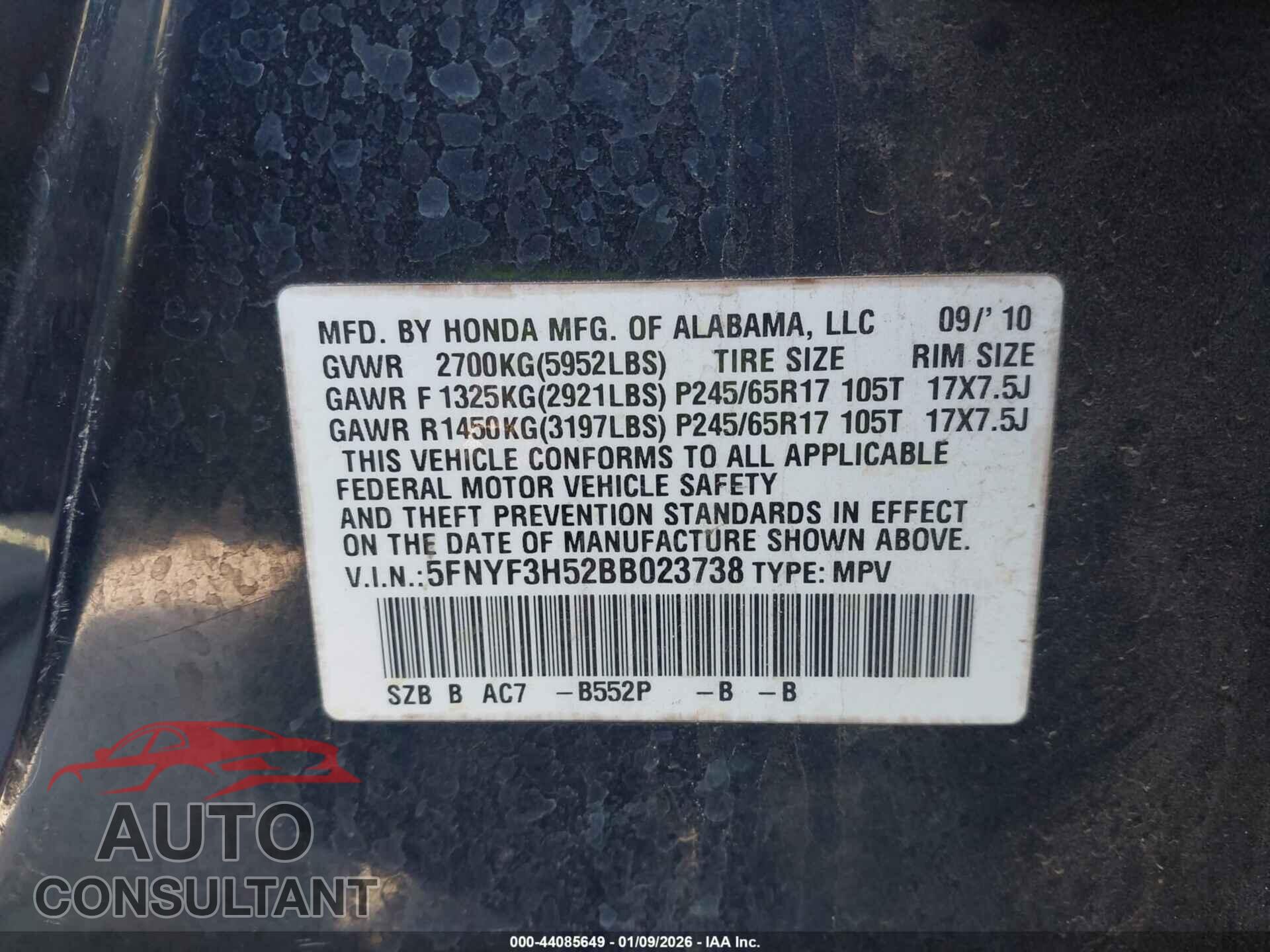 HONDA PILOT 2011 - 5FNYF3H52BB023738