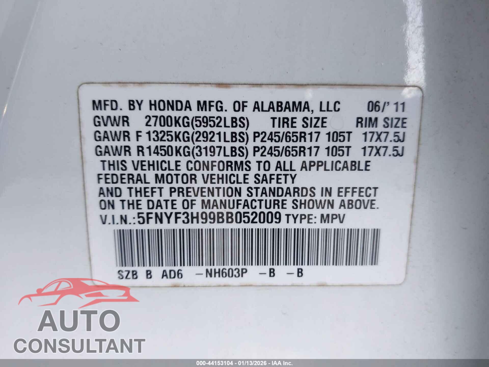 HONDA PILOT 2011 - 5FNYF3H99BB052009
