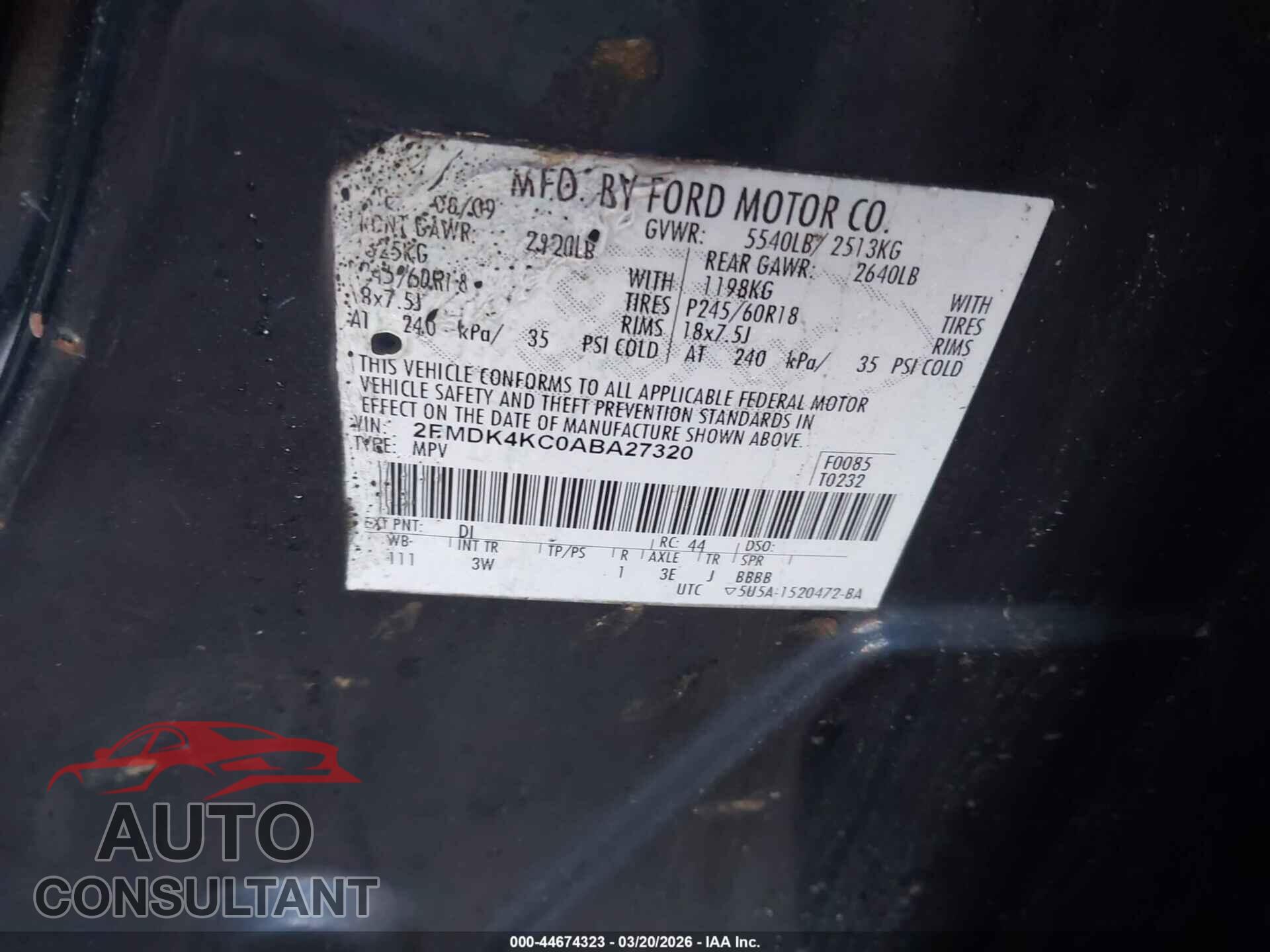FORD EDGE 2010 - 2FMDK4KC0ABA27320