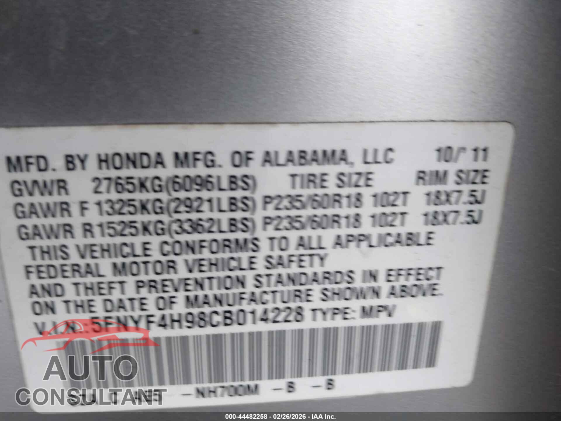 HONDA PILOT 2012 - 5FNYF4H98CB014228