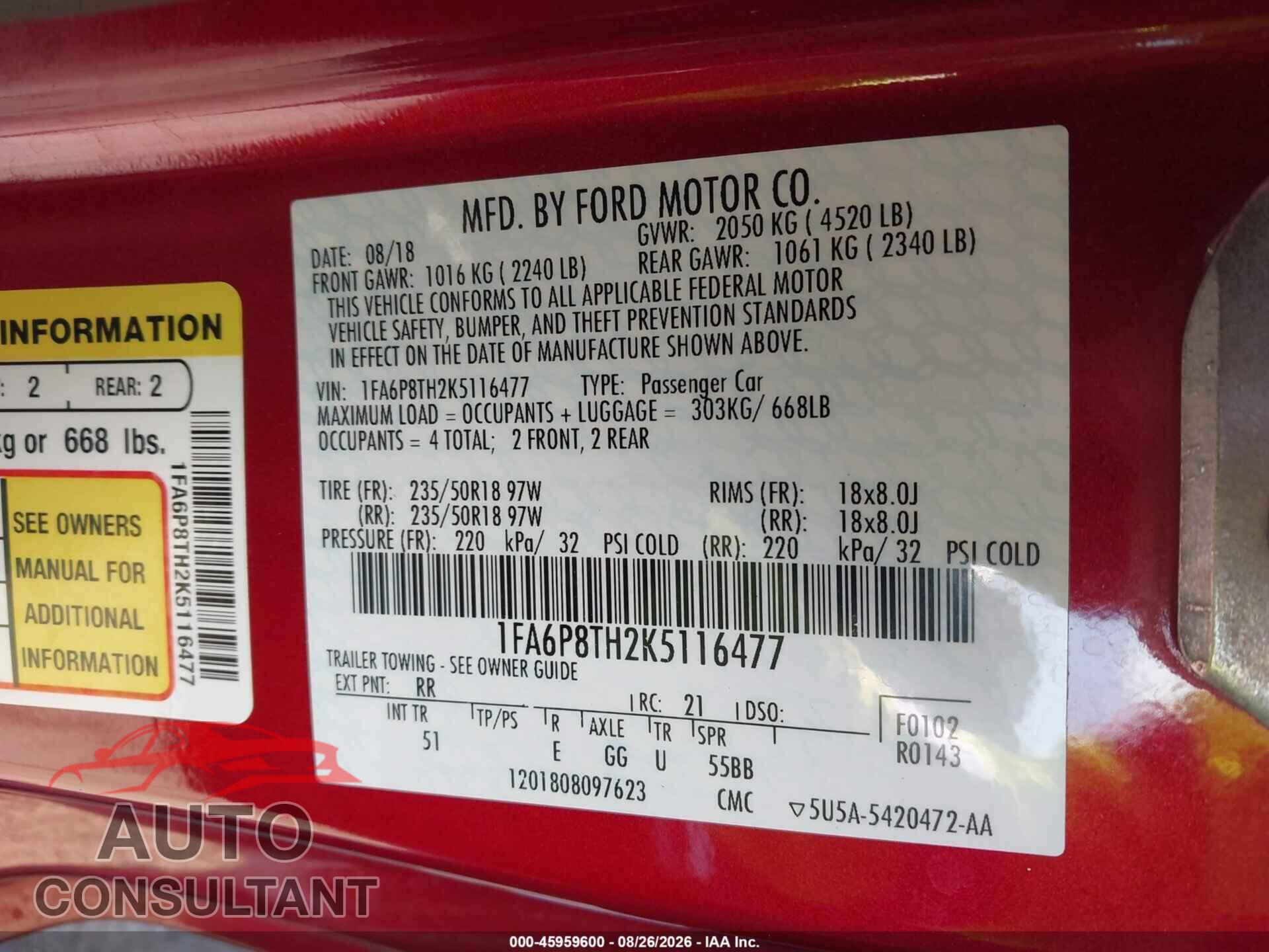 FORD MUSTANG 2019 - 1FA6P8TH2K5116477