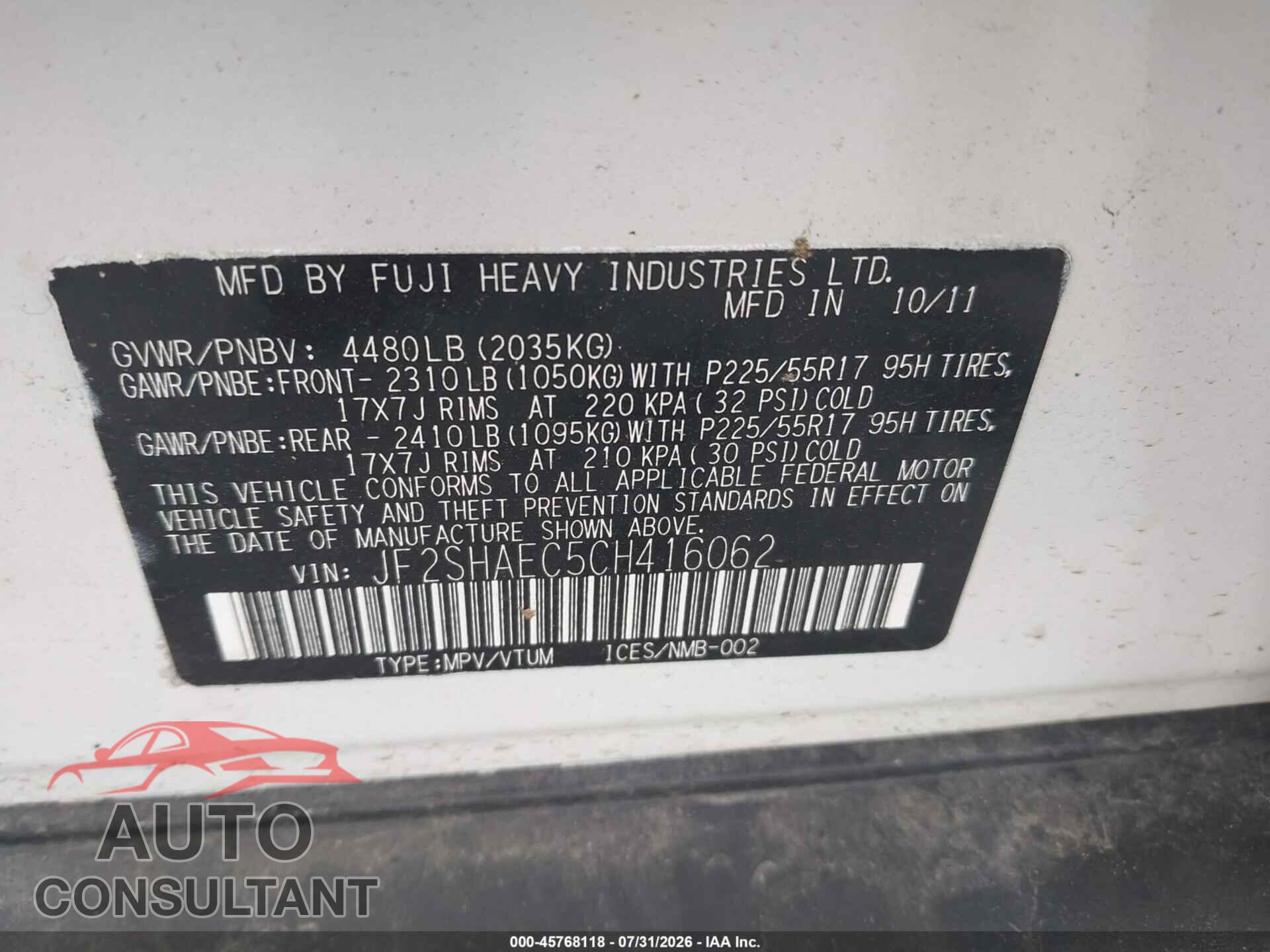 SUBARU FORESTER 2012 - JF2SHAEC5CH416062