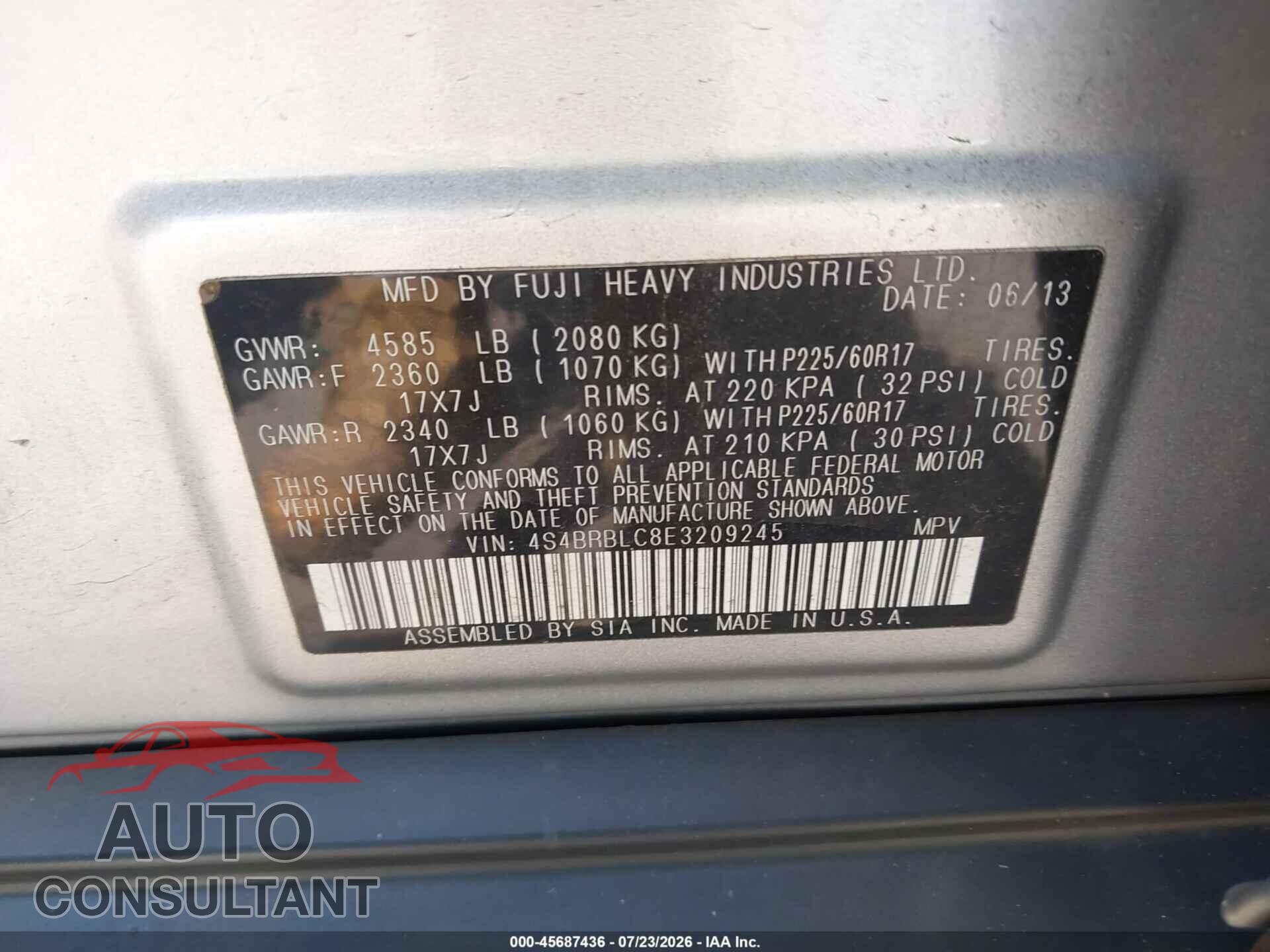 SUBARU OUTBACK 2014 - 4S4BRBLC8E3209245