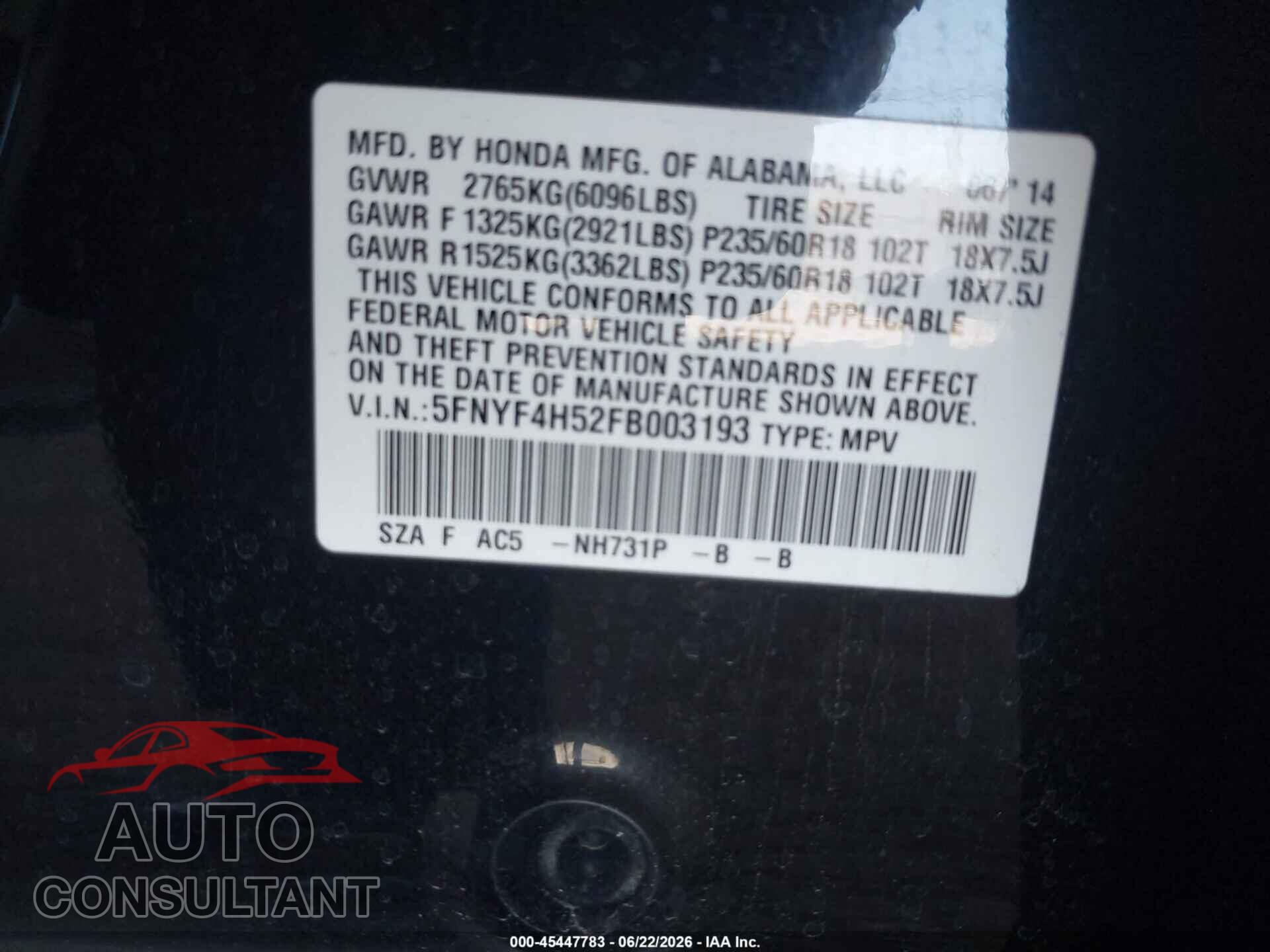 HONDA PILOT 2015 - 5FNYF4H52FB003193
