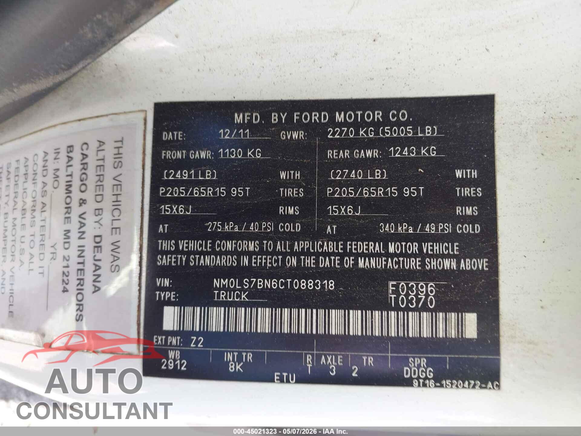 FORD TRANSIT CONNECT 2012 - NM0LS7BN6CT088318
