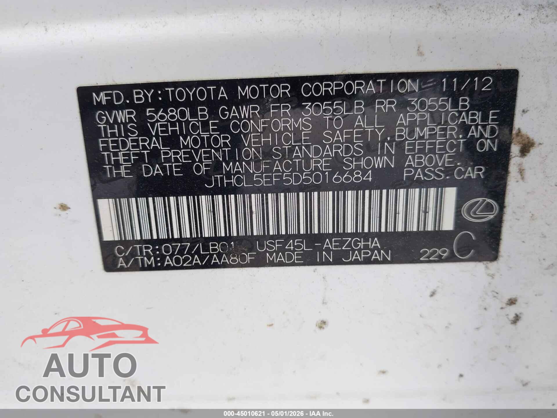 LEXUS LS 460 2013 - JTHCL5EF5D5016684