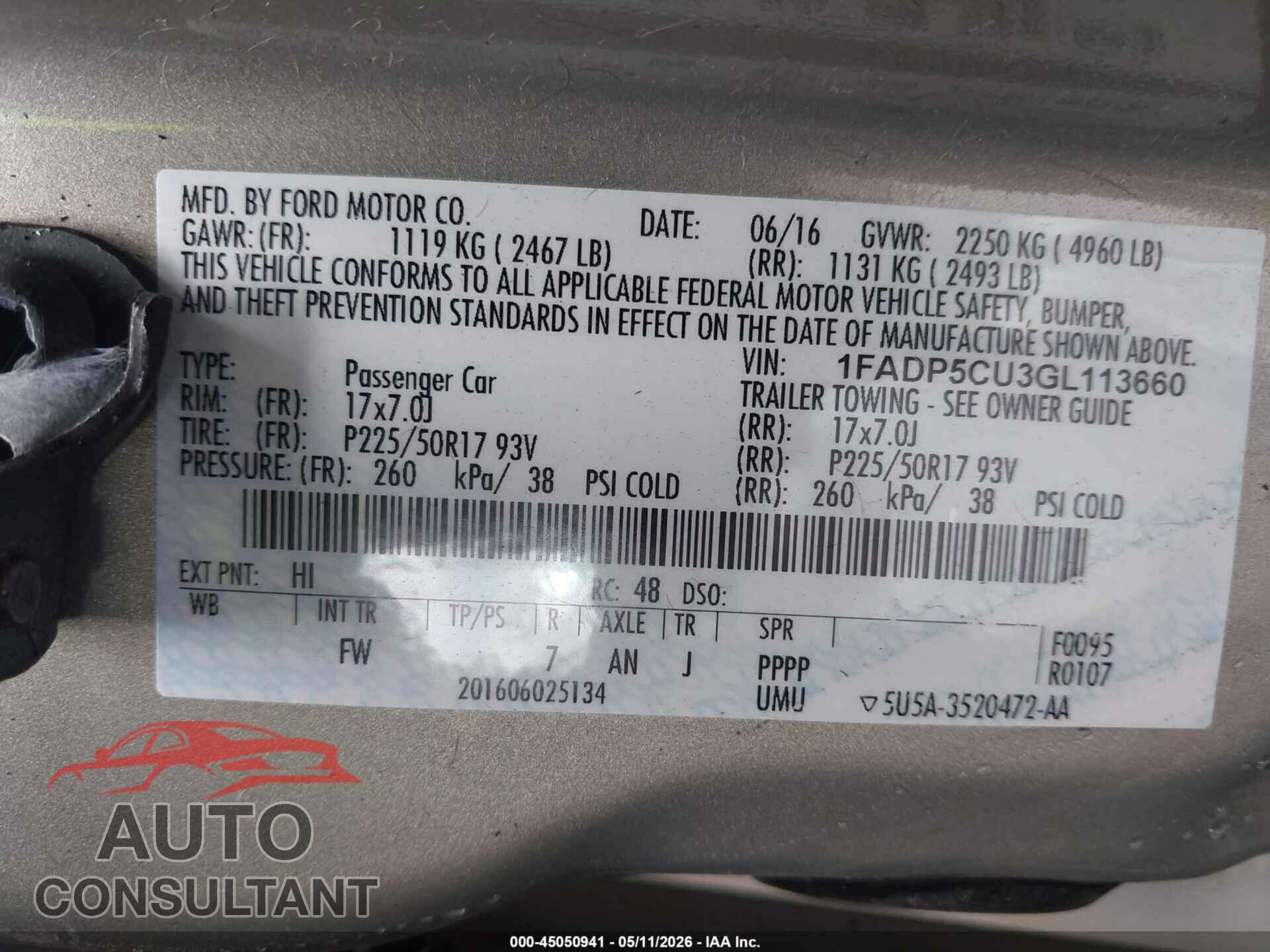 FORD C-MAX ENERGI 2016 - 1FADP5CU3GL113660