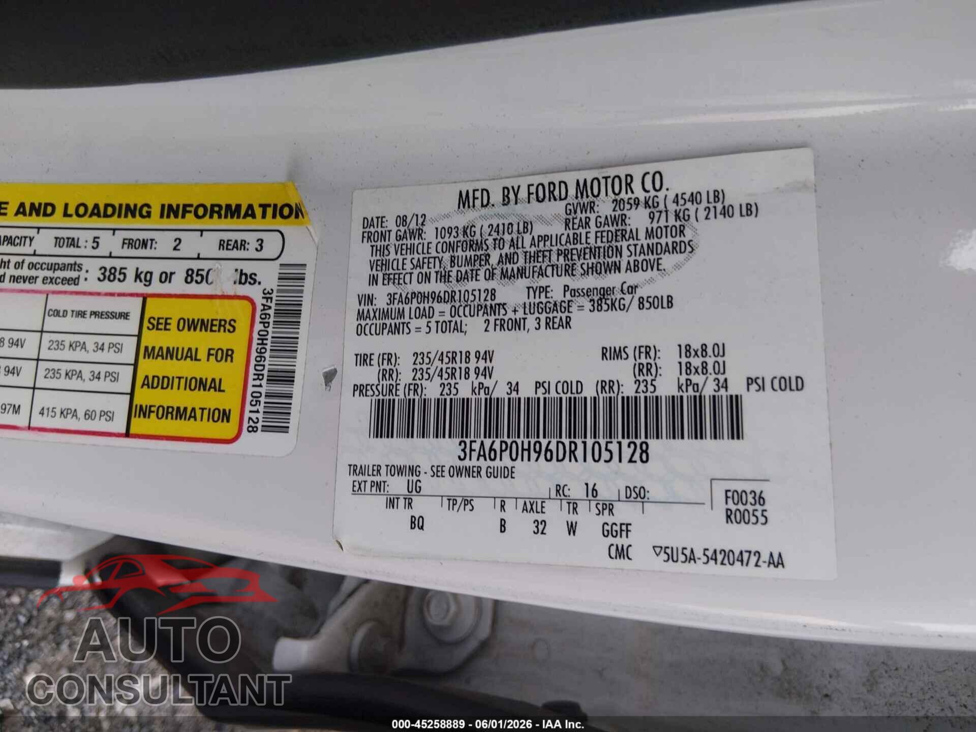 FORD FUSION 2013 - 3FA6P0H96DR105128