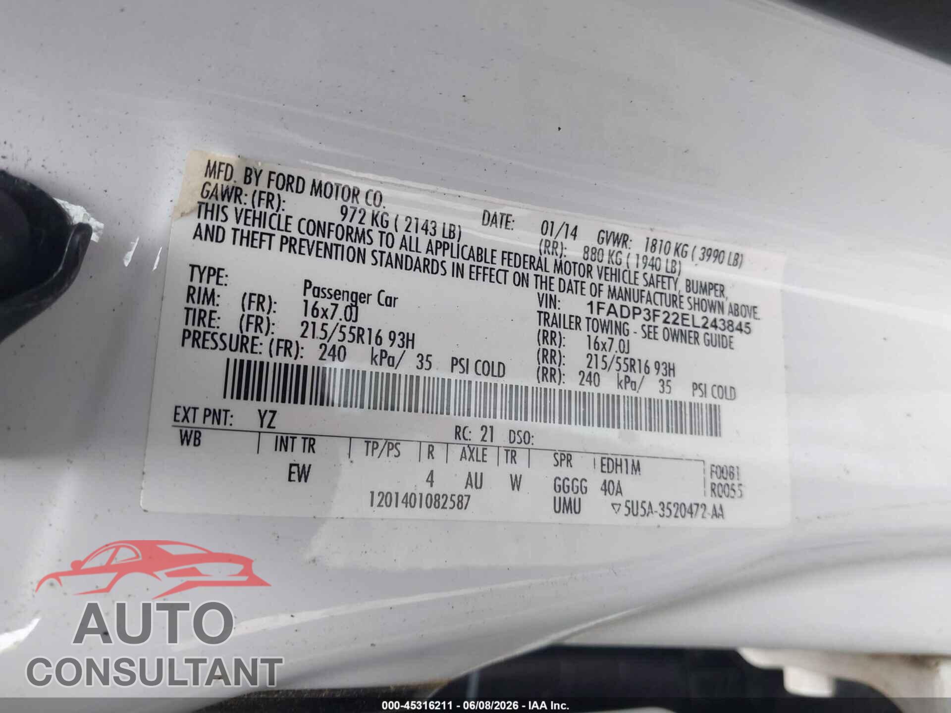 FORD FOCUS 2014 - 1FADP3F22EL243845