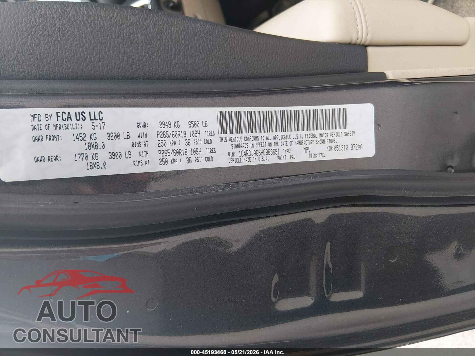 DODGE DURANGO 2017 - 1C4RDJAG6HC883691