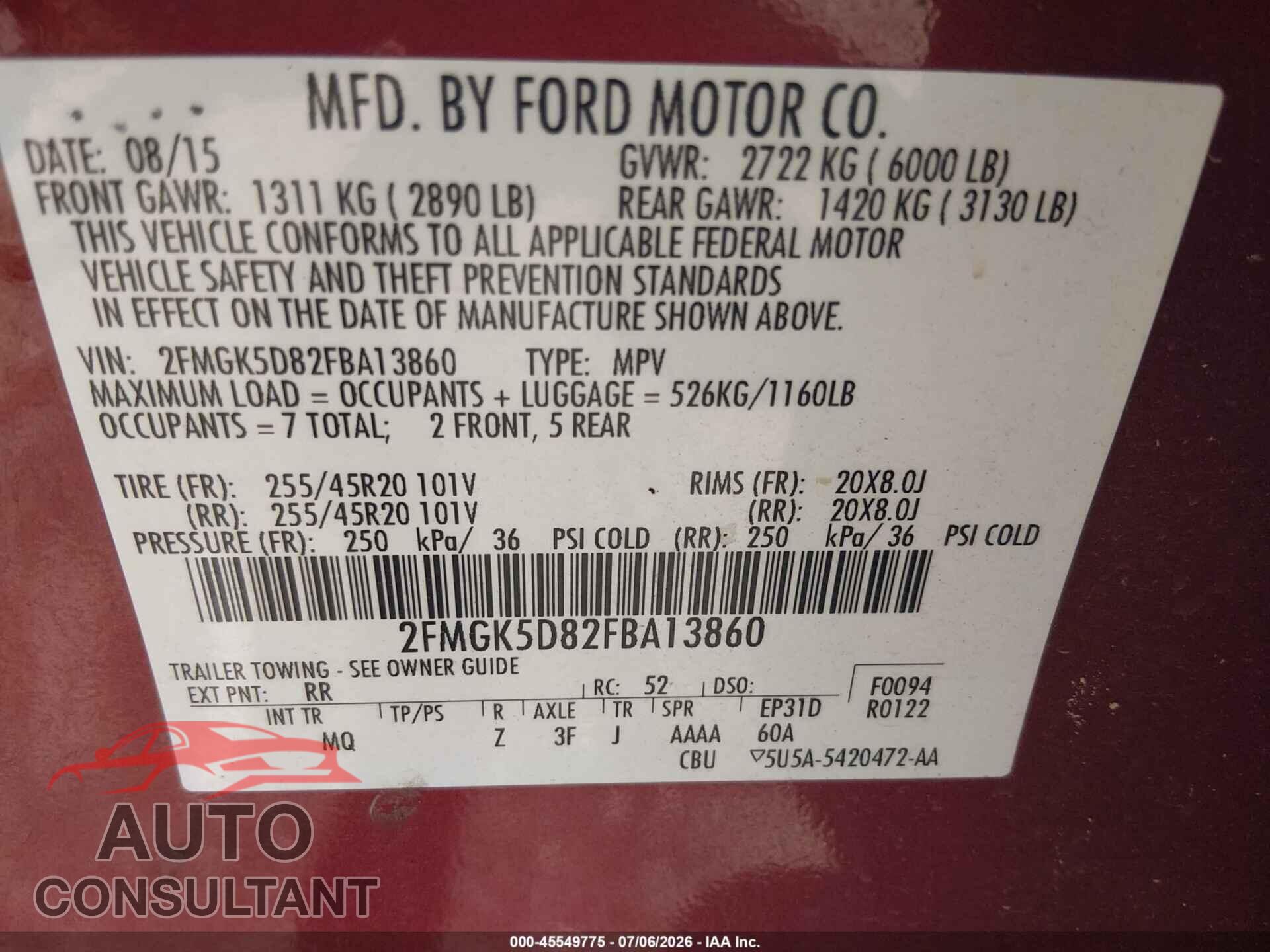 FORD FLEX 2015 - 2FMGK5D82FBA13860