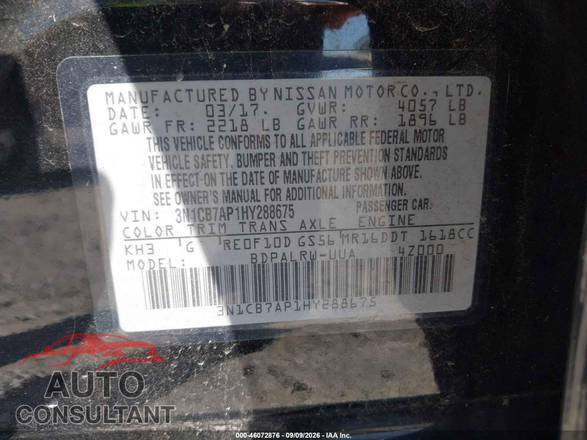 NISSAN SENTRA 2017 - 3N1CB7AP1HY288675