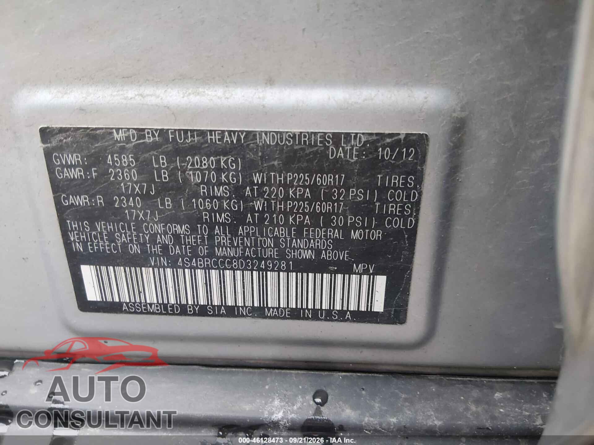 SUBARU OUTBACK 2013 - 4S4BRCCC8D3249281