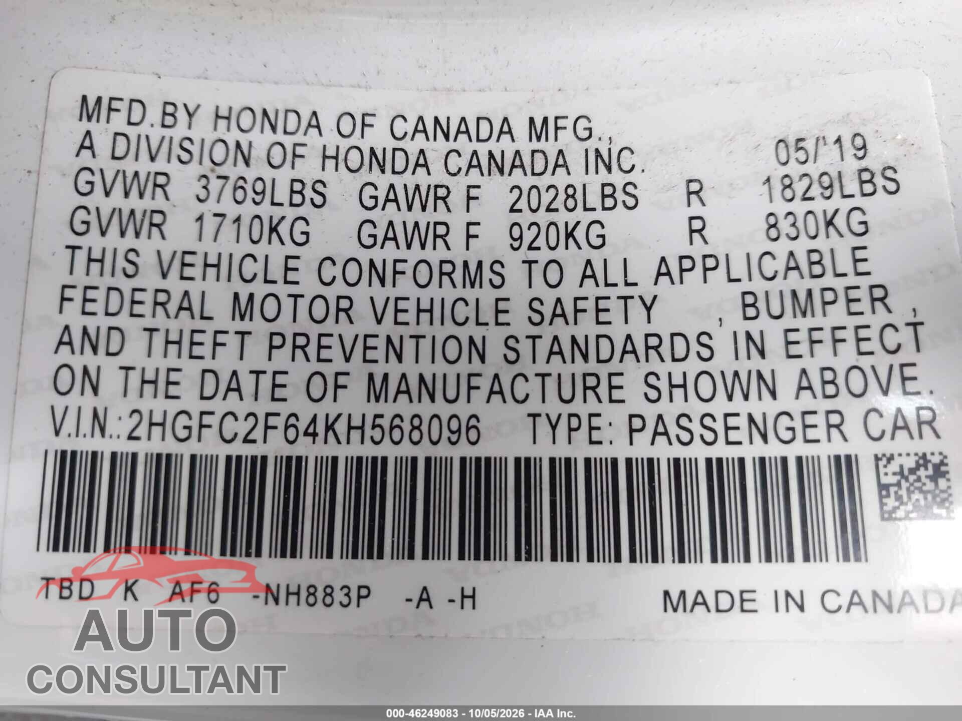 HONDA CIVIC 2019 - 2HGFC2F64KH568096
