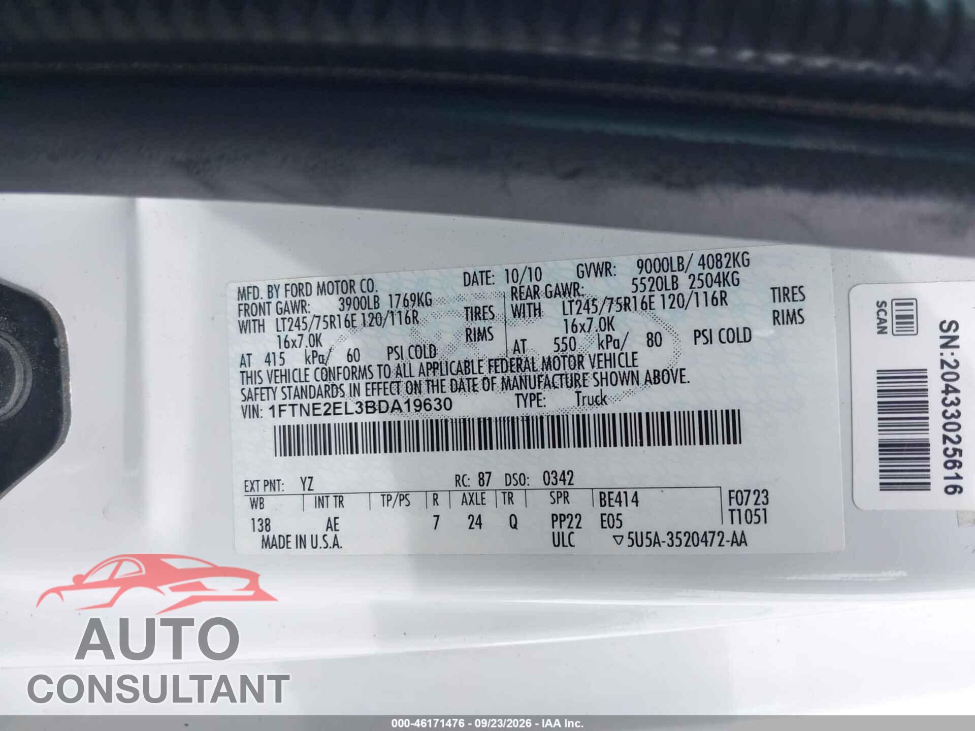 FORD E-250 2011 - 1FTNE2EL3BDA19630