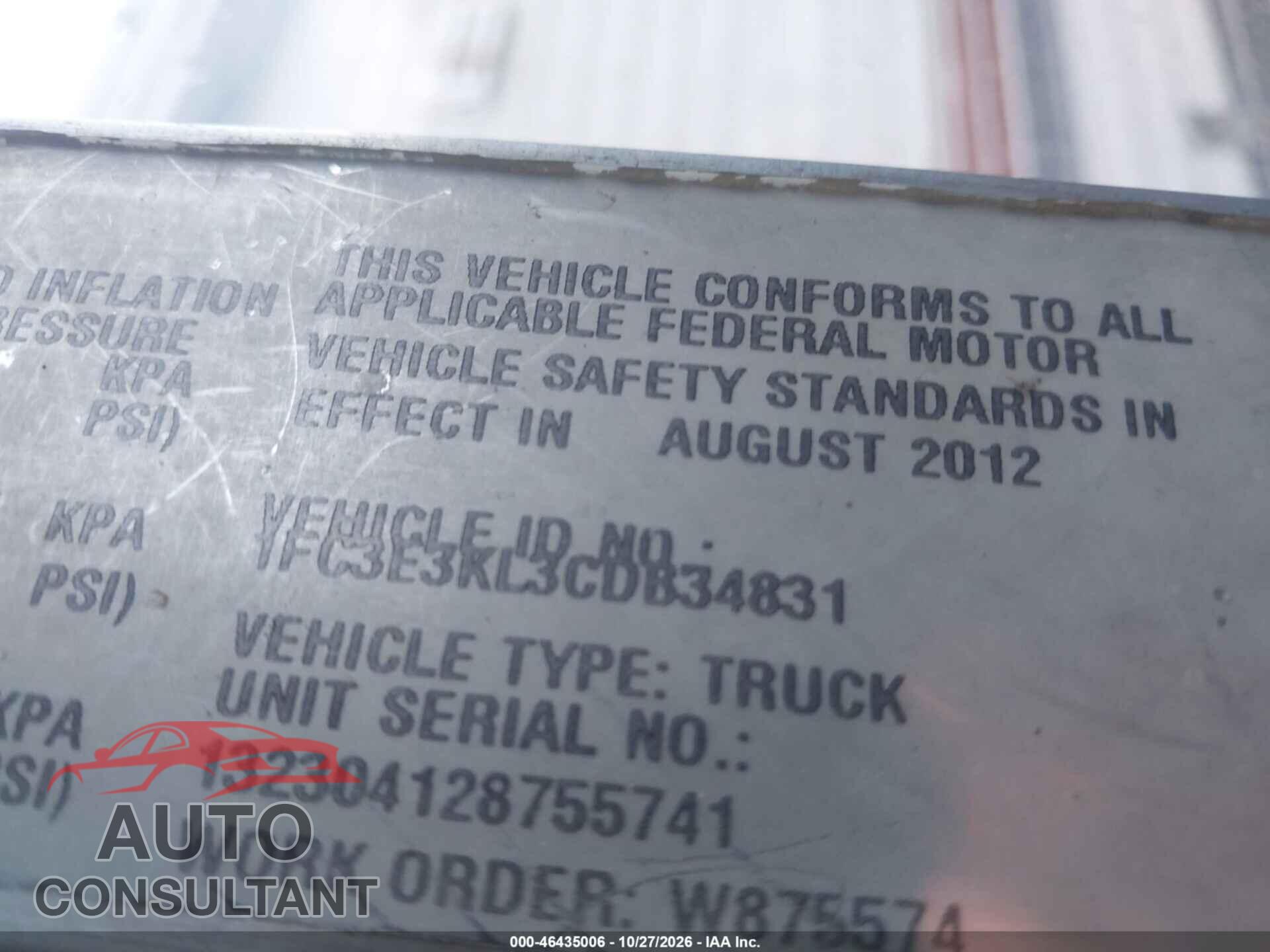 FORD E-350 STRIPPED 2012 - 1FC3E3KL3CDB34831