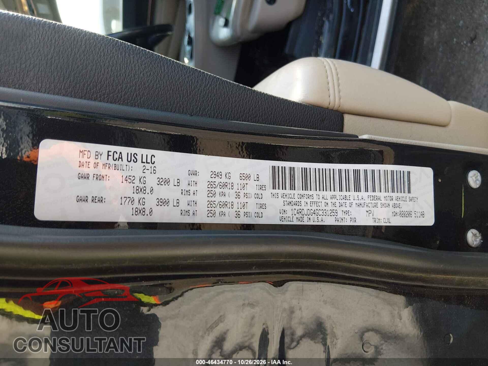 DODGE DURANGO 2016 - 1C4RDJDG4GC331259