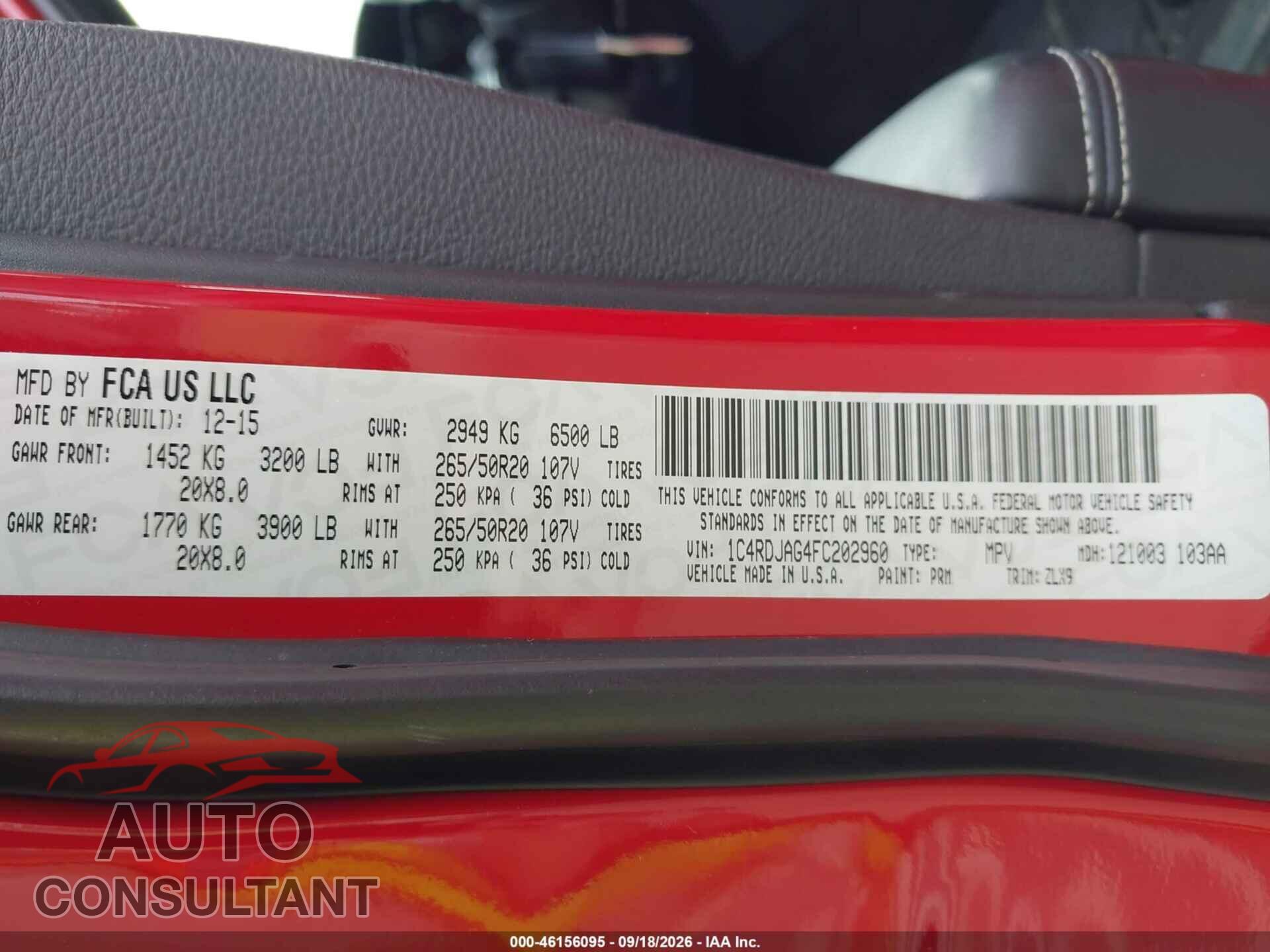 DODGE DURANGO 2015 - 1C4RDJAG4FC202960