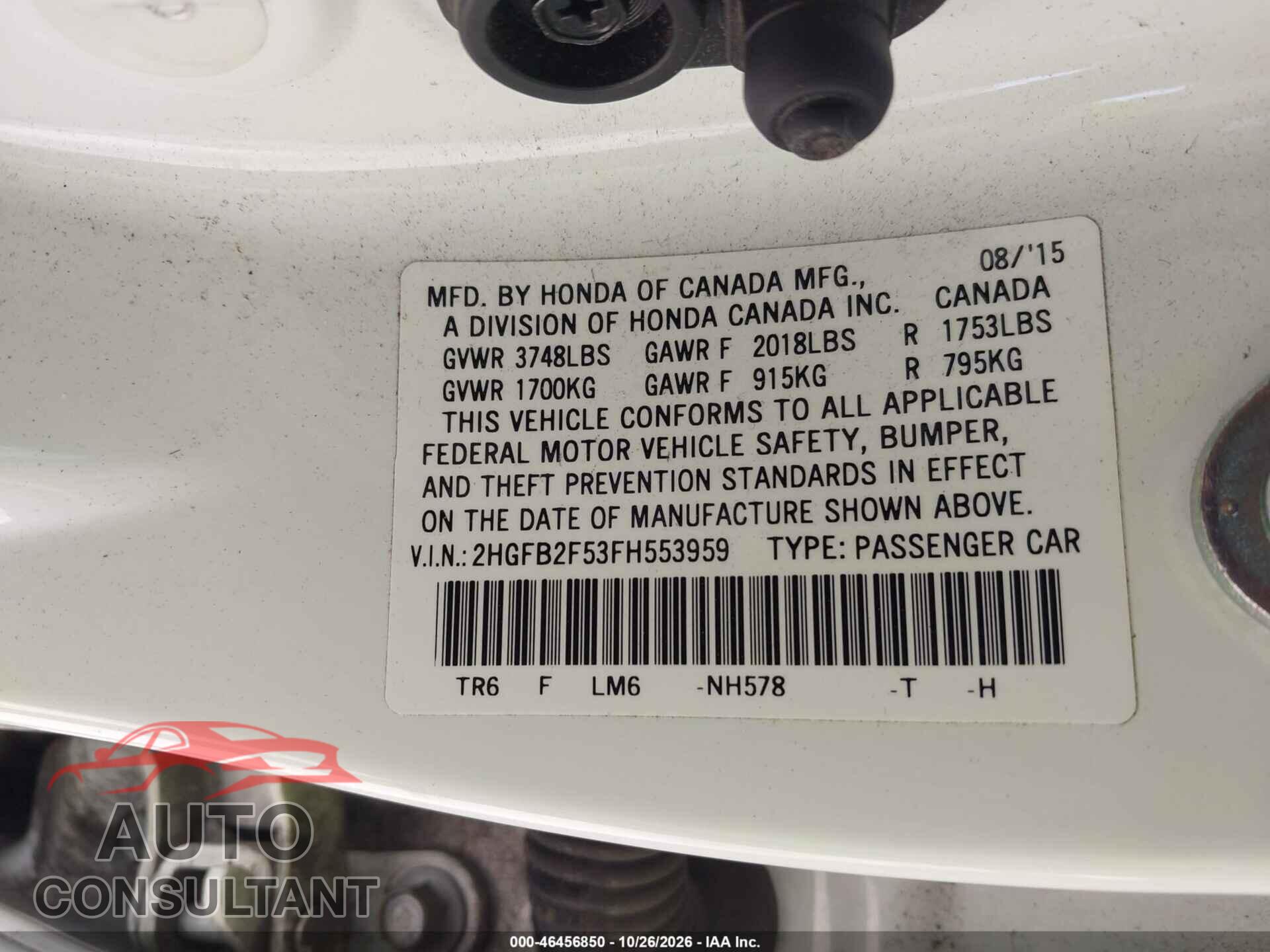 HONDA CIVIC 2015 - 2HGFB2F53FH553959