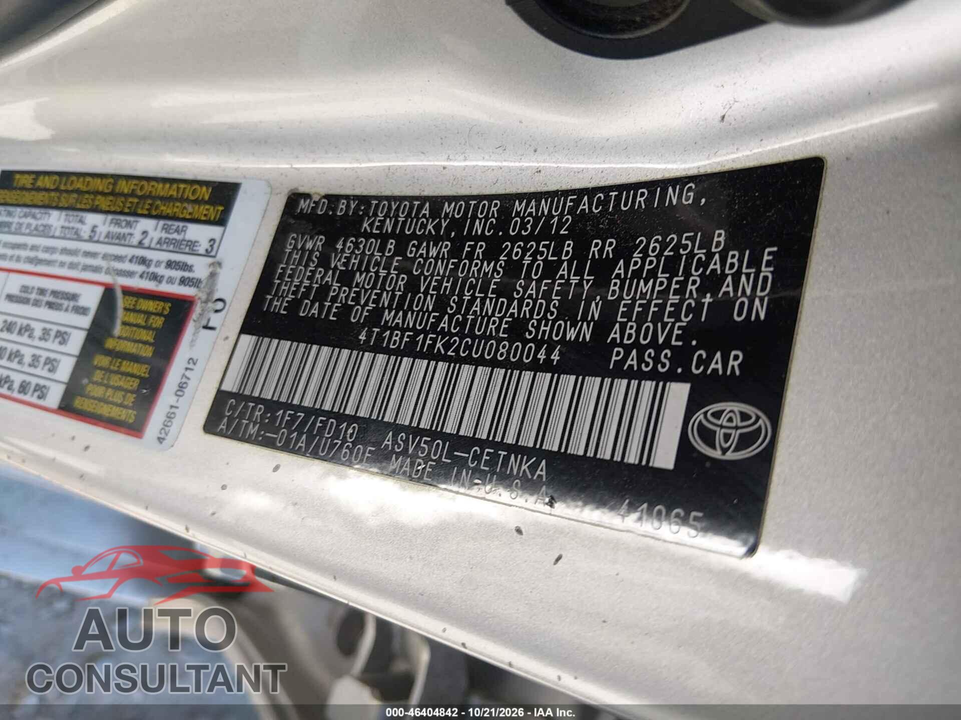 TOYOTA CAMRY 2012 - 4T1BF1FK2CU080044