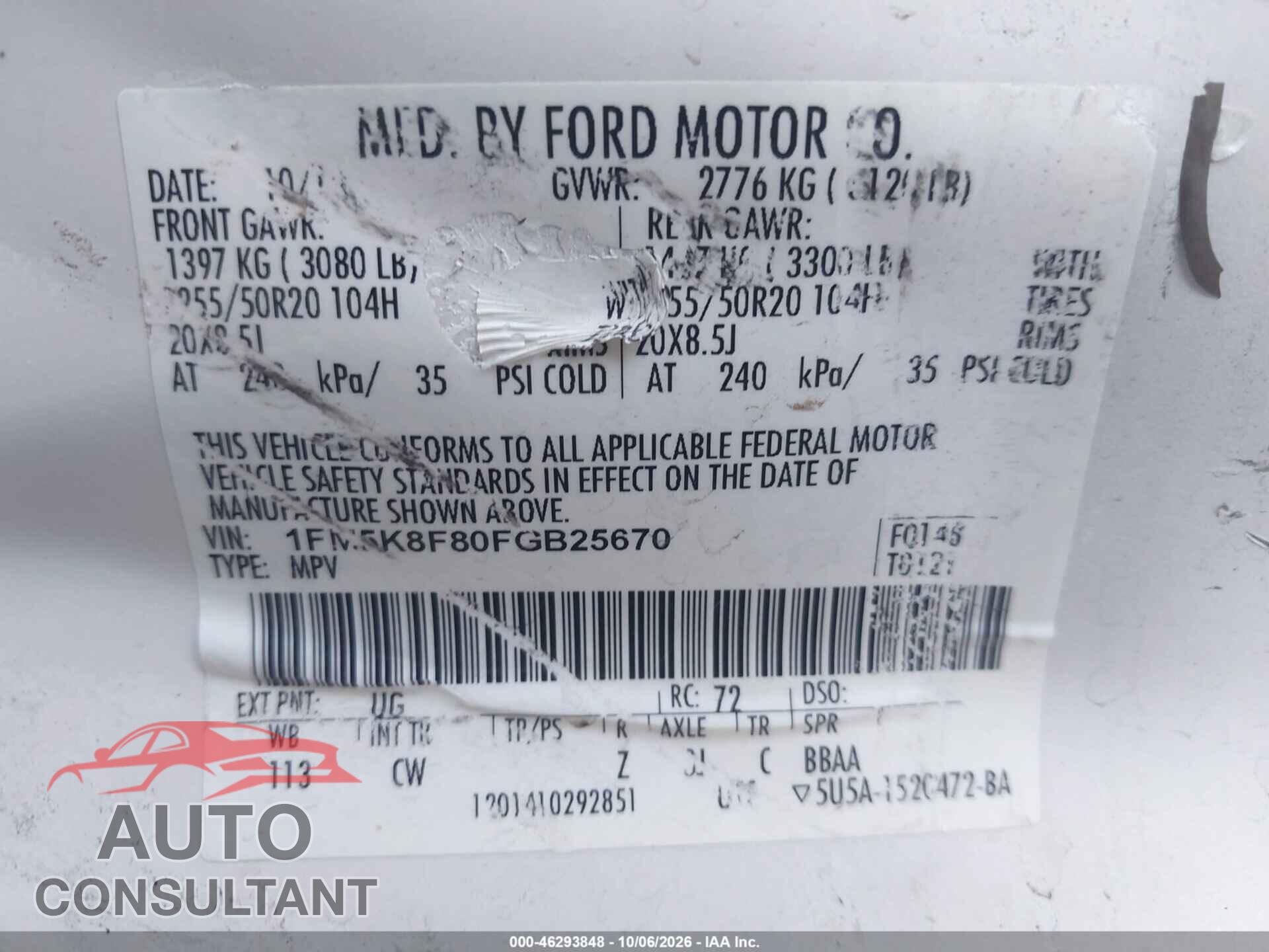 FORD EXPLORER 2015 - 1FM5K8F80FGB25670