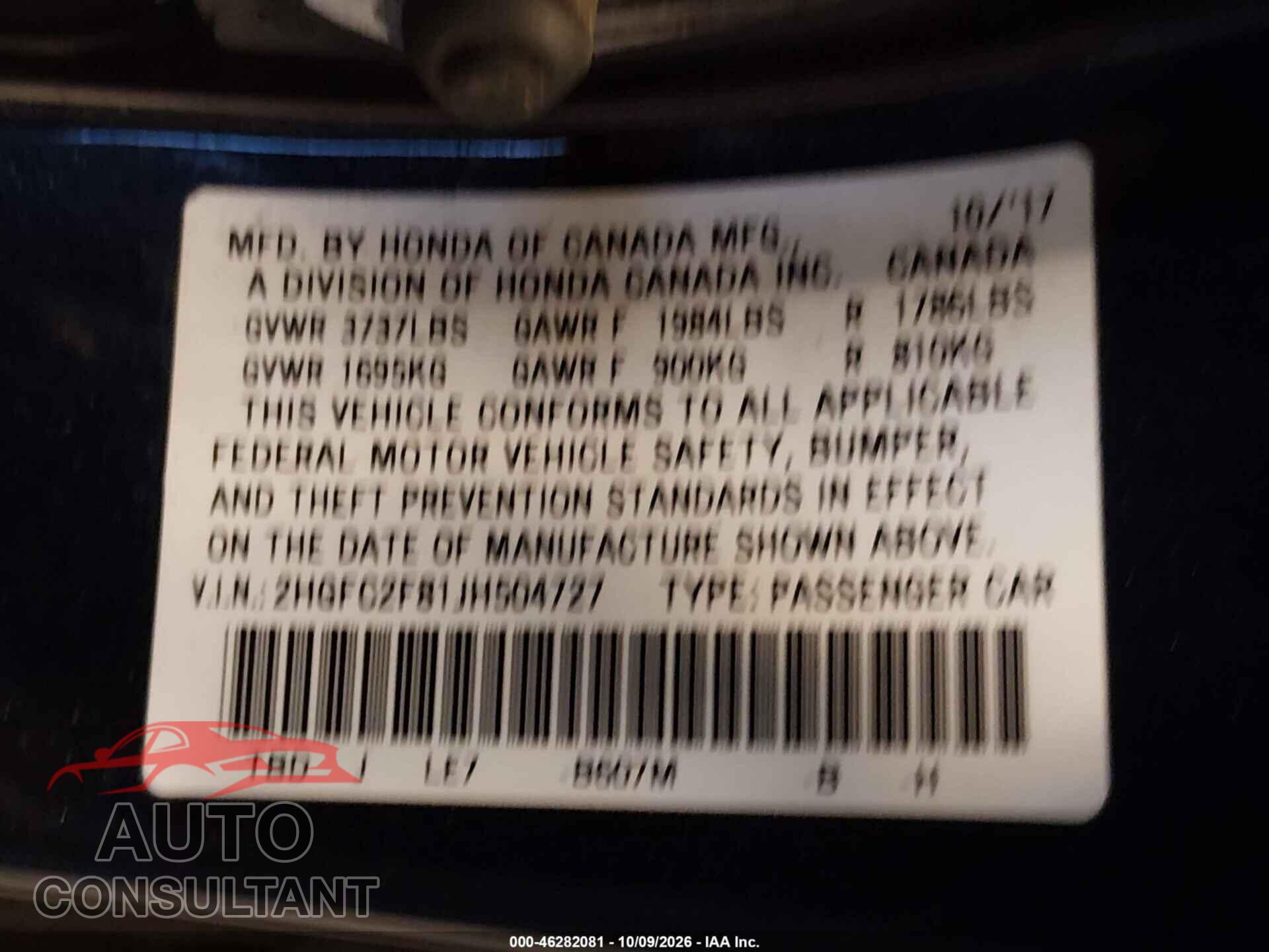HONDA CIVIC 2018 - 2HGFC2F81JH504727