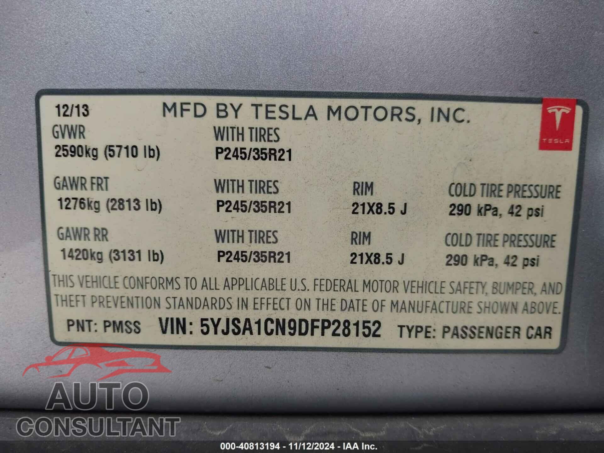 TESLA MODEL S 2013 - 5YJSA1CN9DFP28152