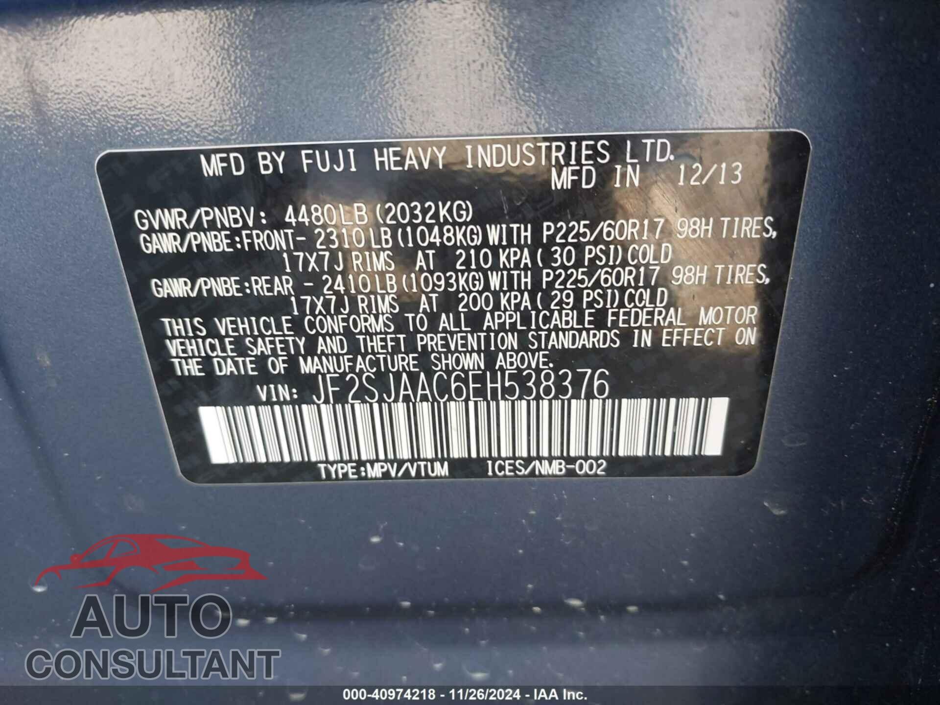 SUBARU FORESTER 2014 - JF2SJAAC6EH538376