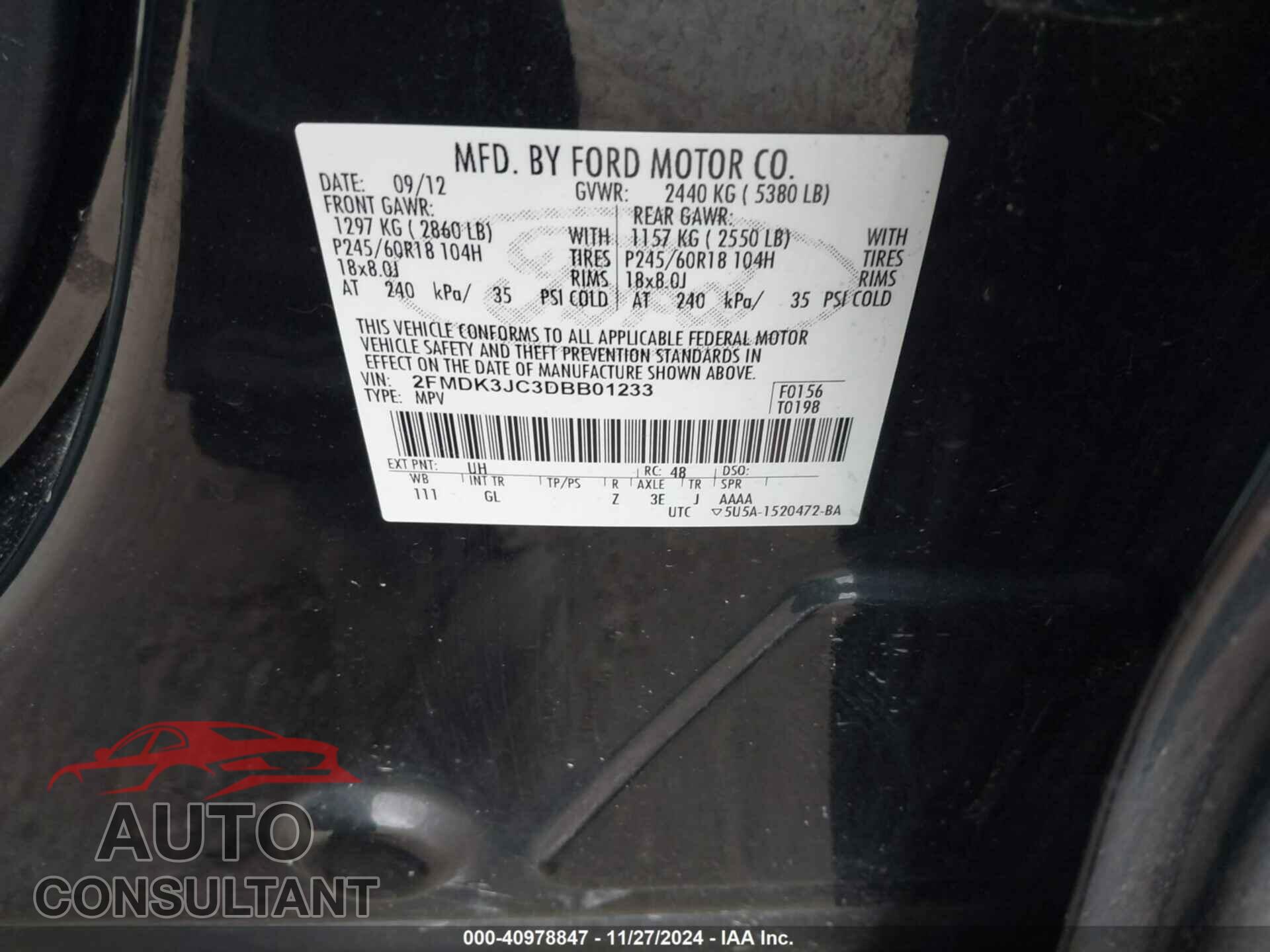 FORD EDGE 2013 - 2FMDK3JC3DBB01233