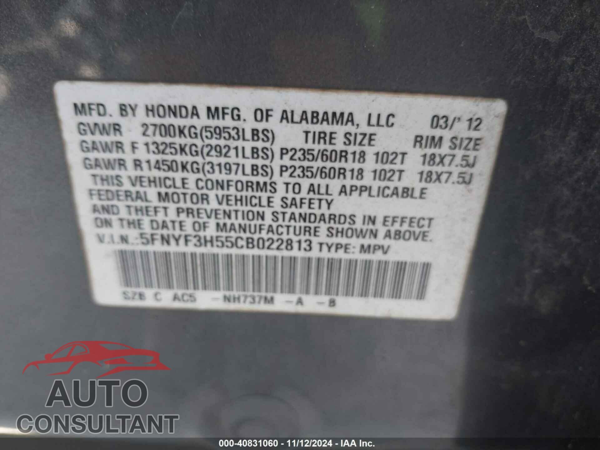 HONDA PILOT 2012 - 5FNYF3H55CB022813