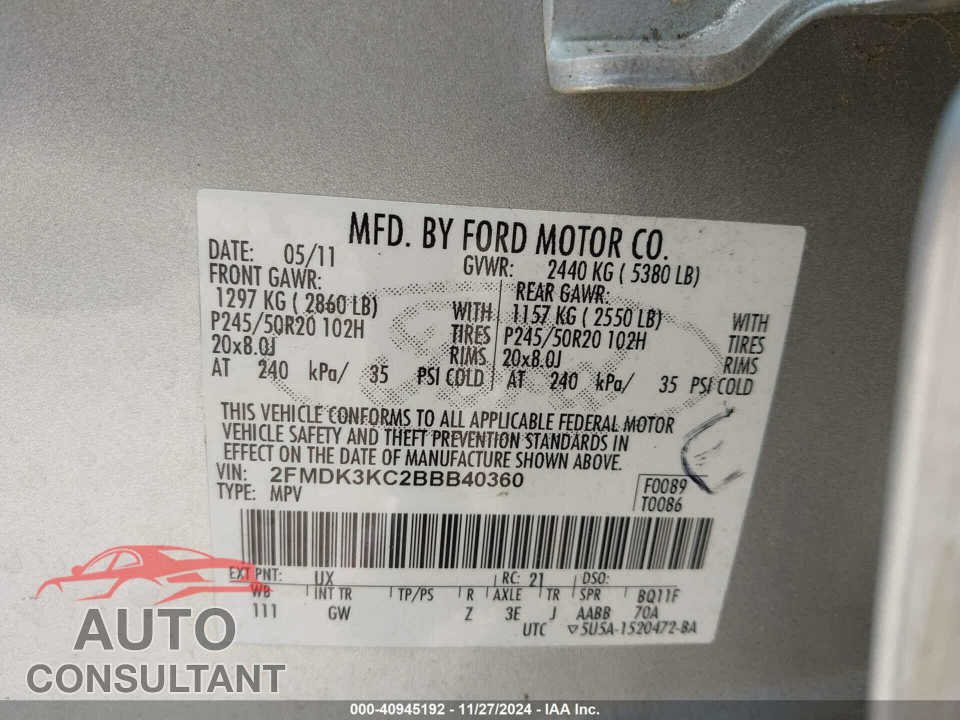 FORD EDGE 2011 - 2FMDK3KC2BBB40360