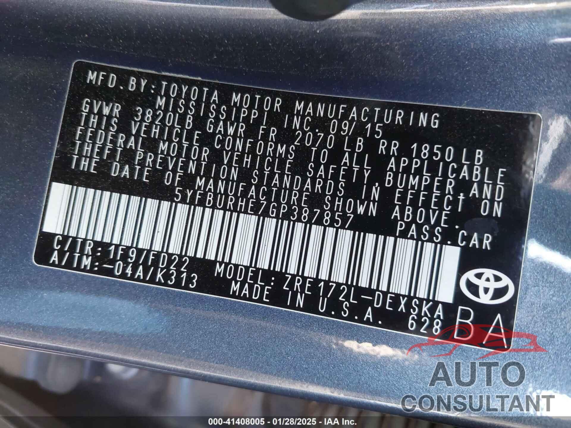 TOYOTA COROLLA 2016 - 5YFBURHE7GP387857