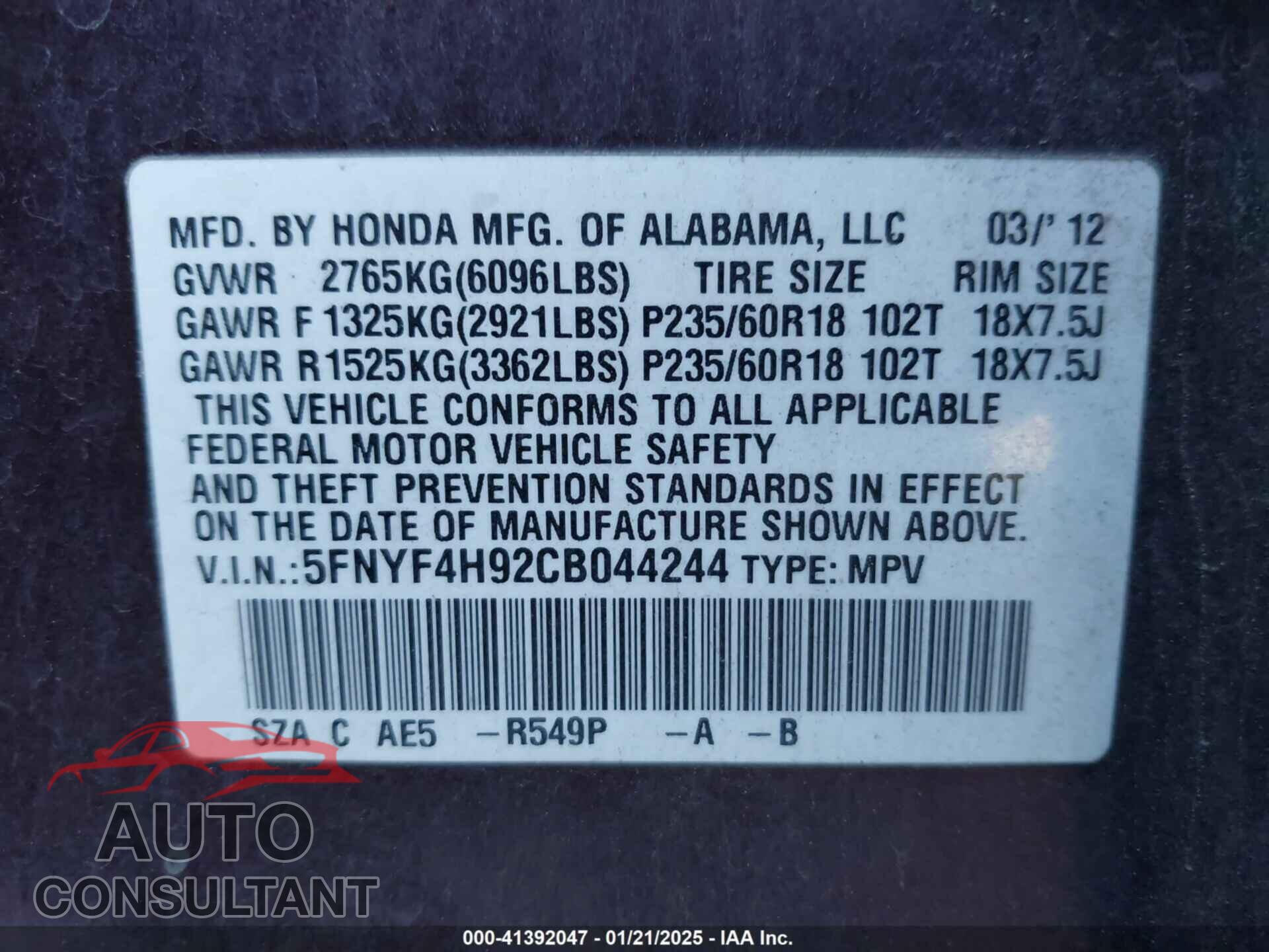 HONDA PILOT 2012 - 5FNYF4H92CB044244