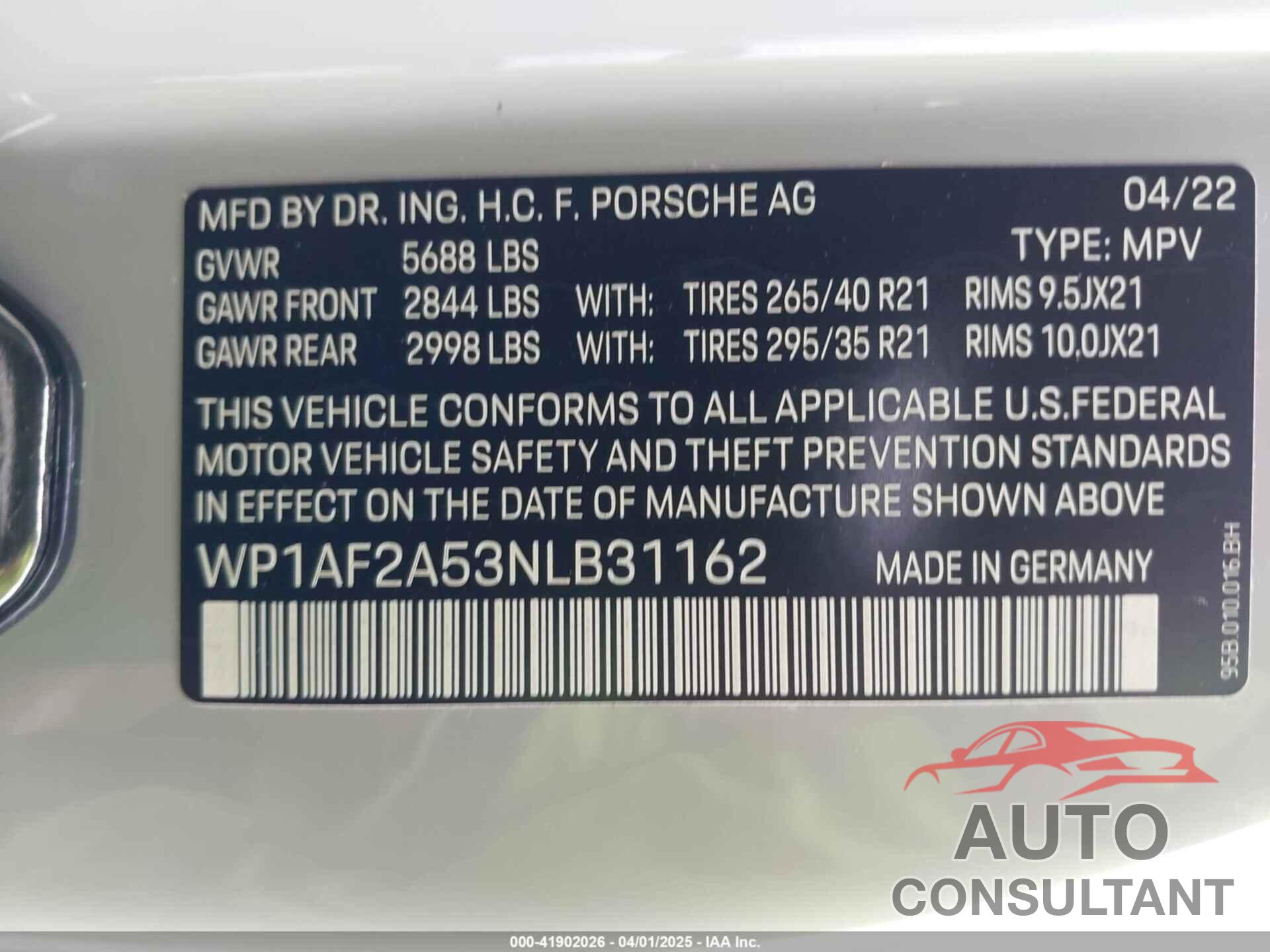 PORSCHE MACAN 2022 - WP1AF2A53NLB31162