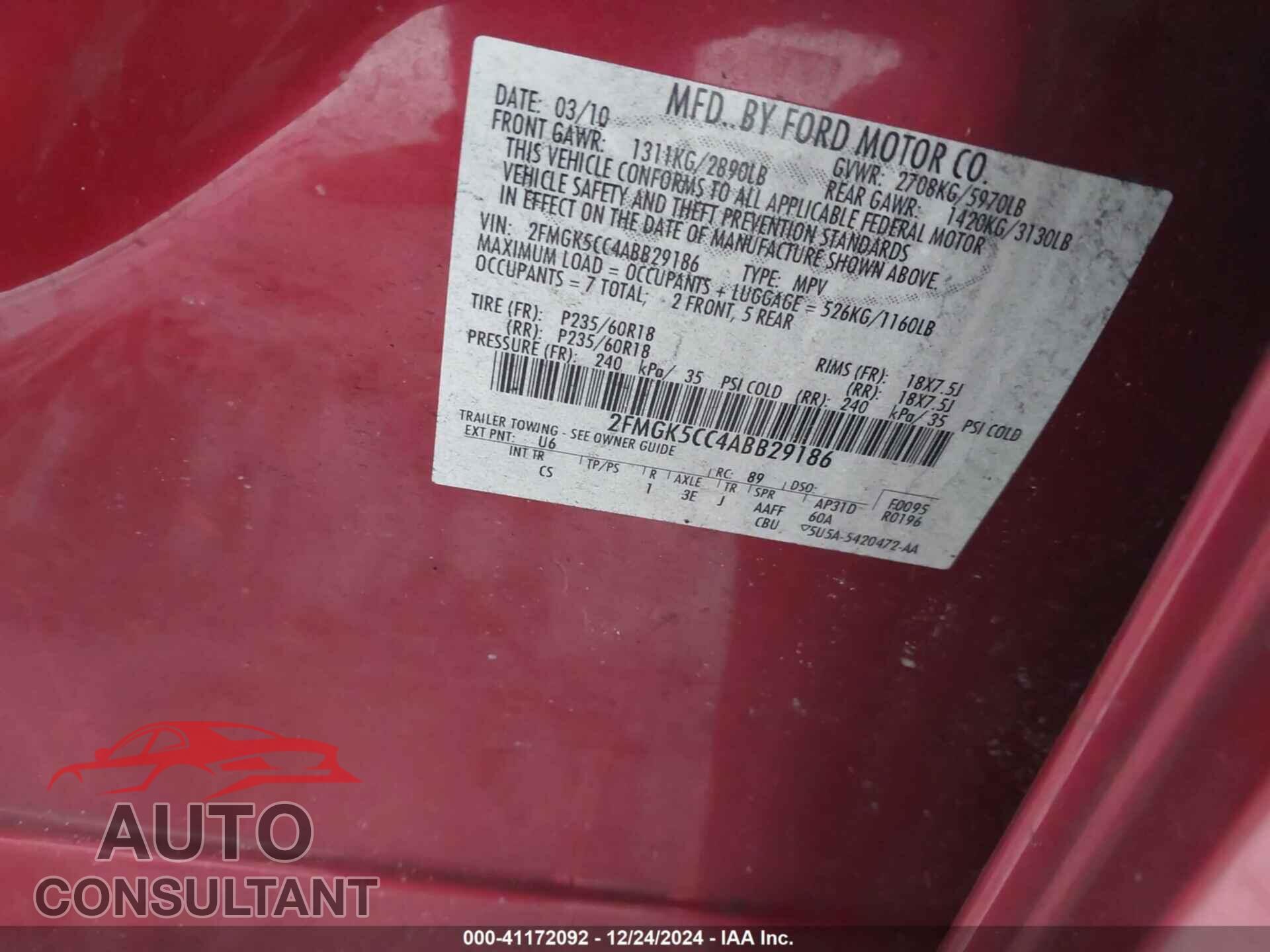 FORD FLEX 2010 - 2FMGK5CC4ABB29186