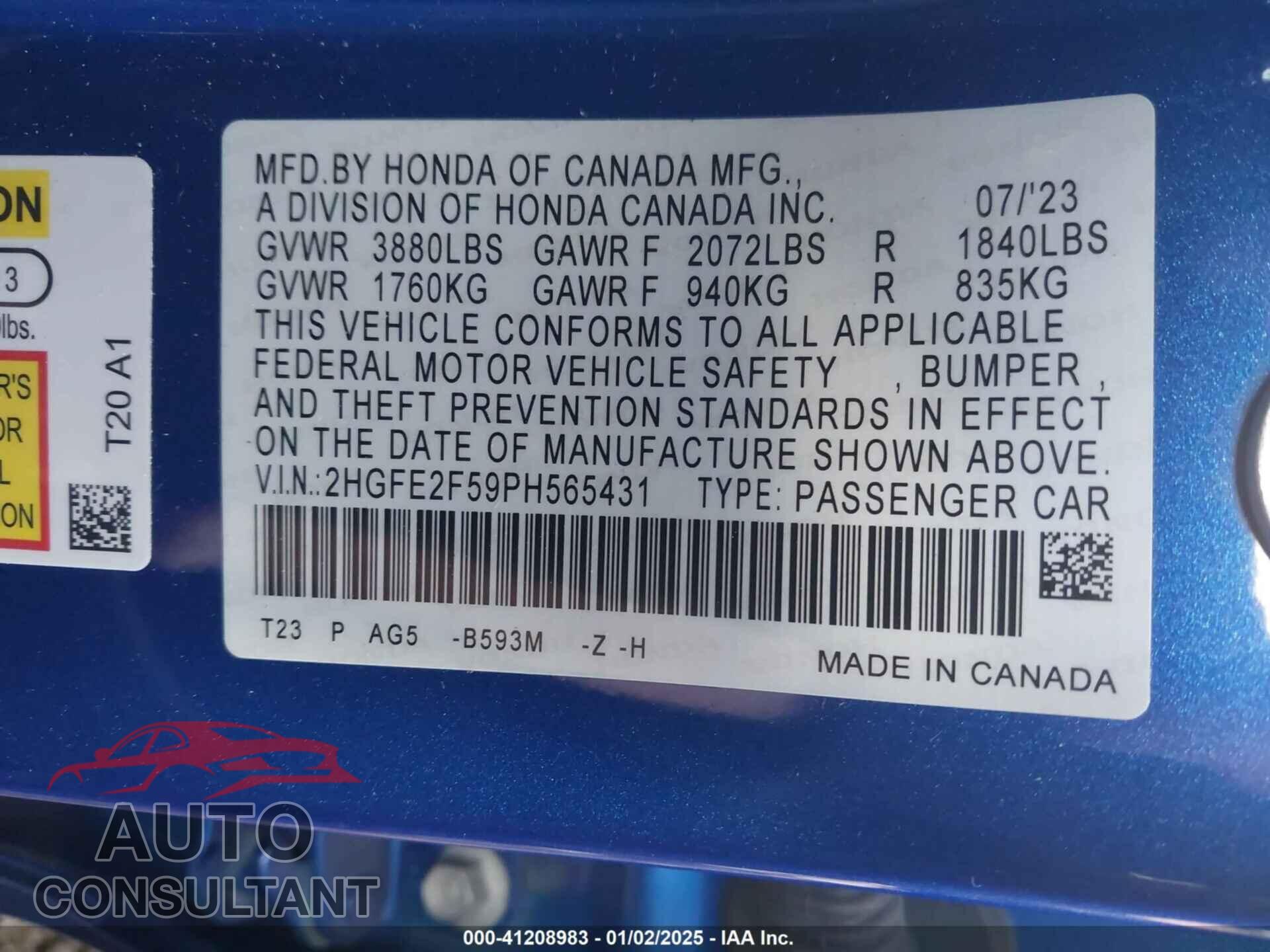 HONDA CIVIC 2023 - 2HGFE2F59PH565431