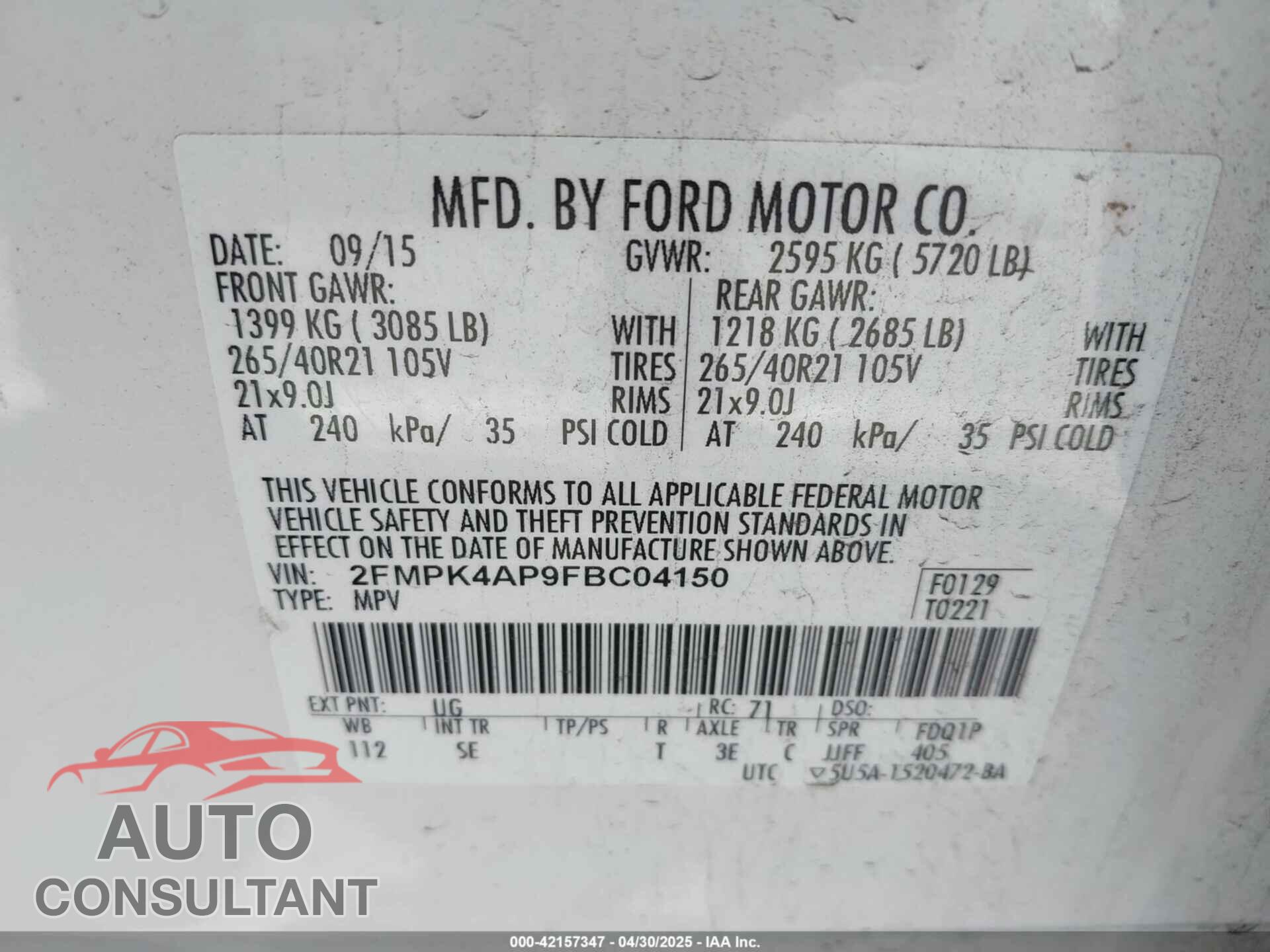 FORD EDGE 2015 - 2FMPK4AP9FBC04150