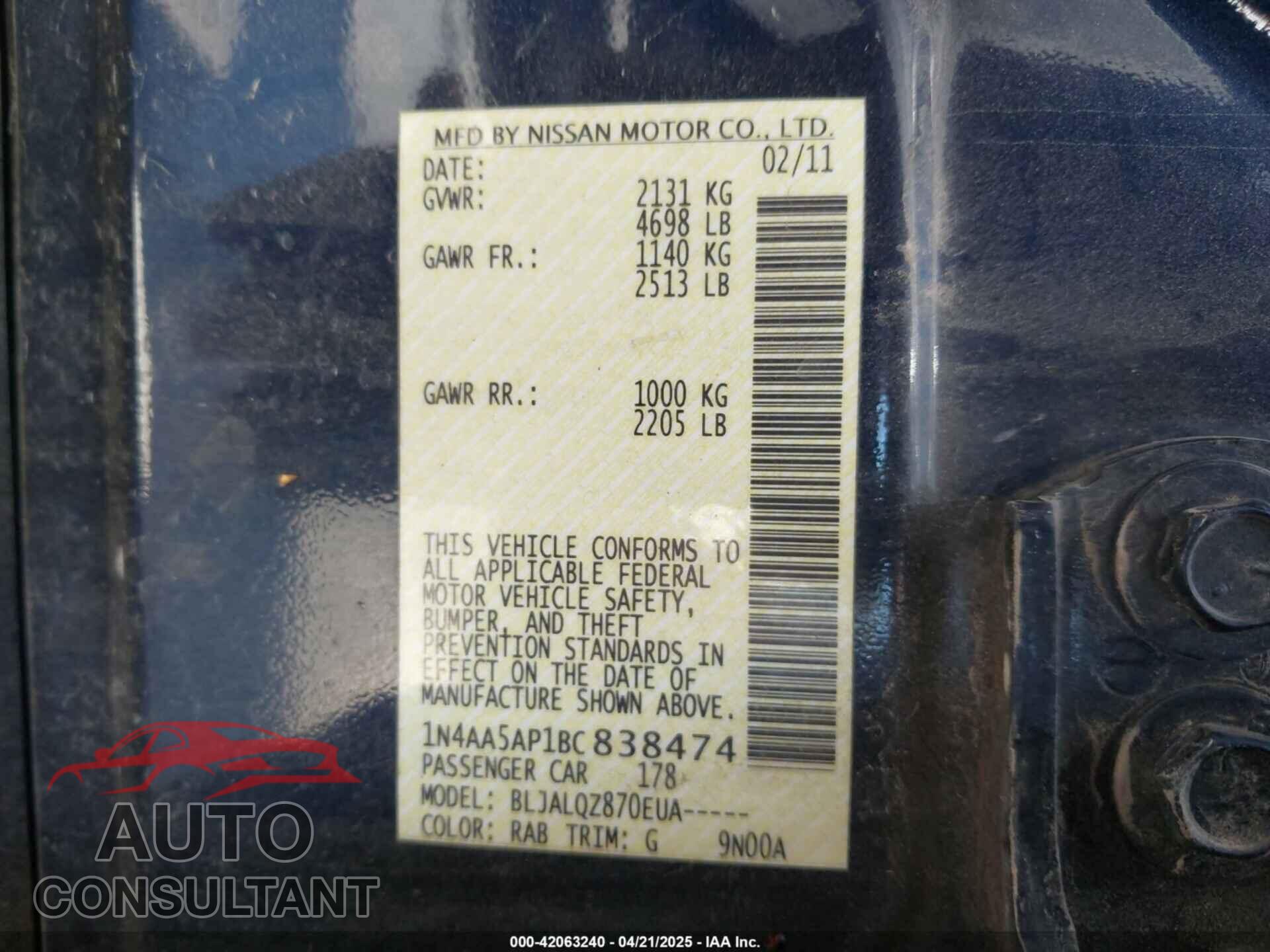 NISSAN MAXIMA 2011 - 1N4AA5AP1BC838474