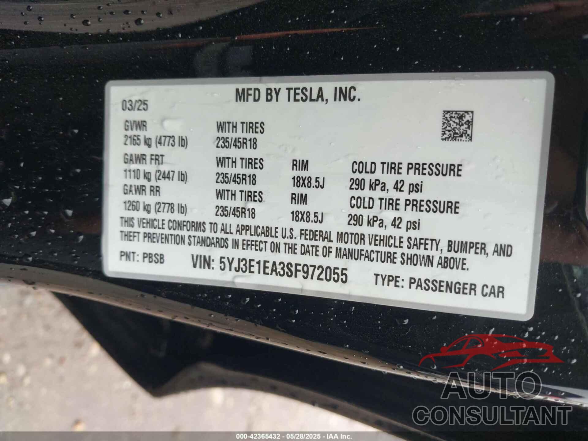 TESLA MODEL 3 2025 - 5YJ3E1EA3SF972055