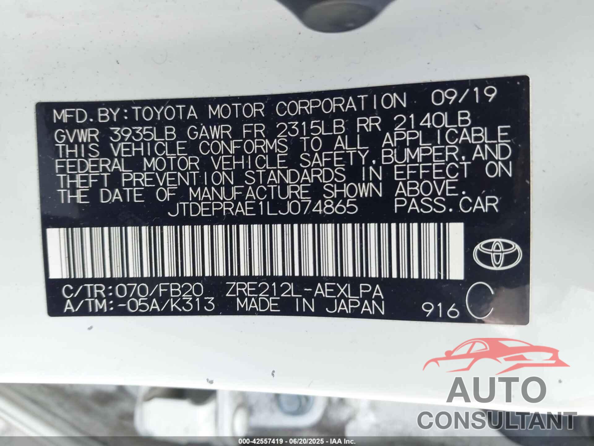 TOYOTA COROLLA 2020 - JTDEPRAE1LJ074865