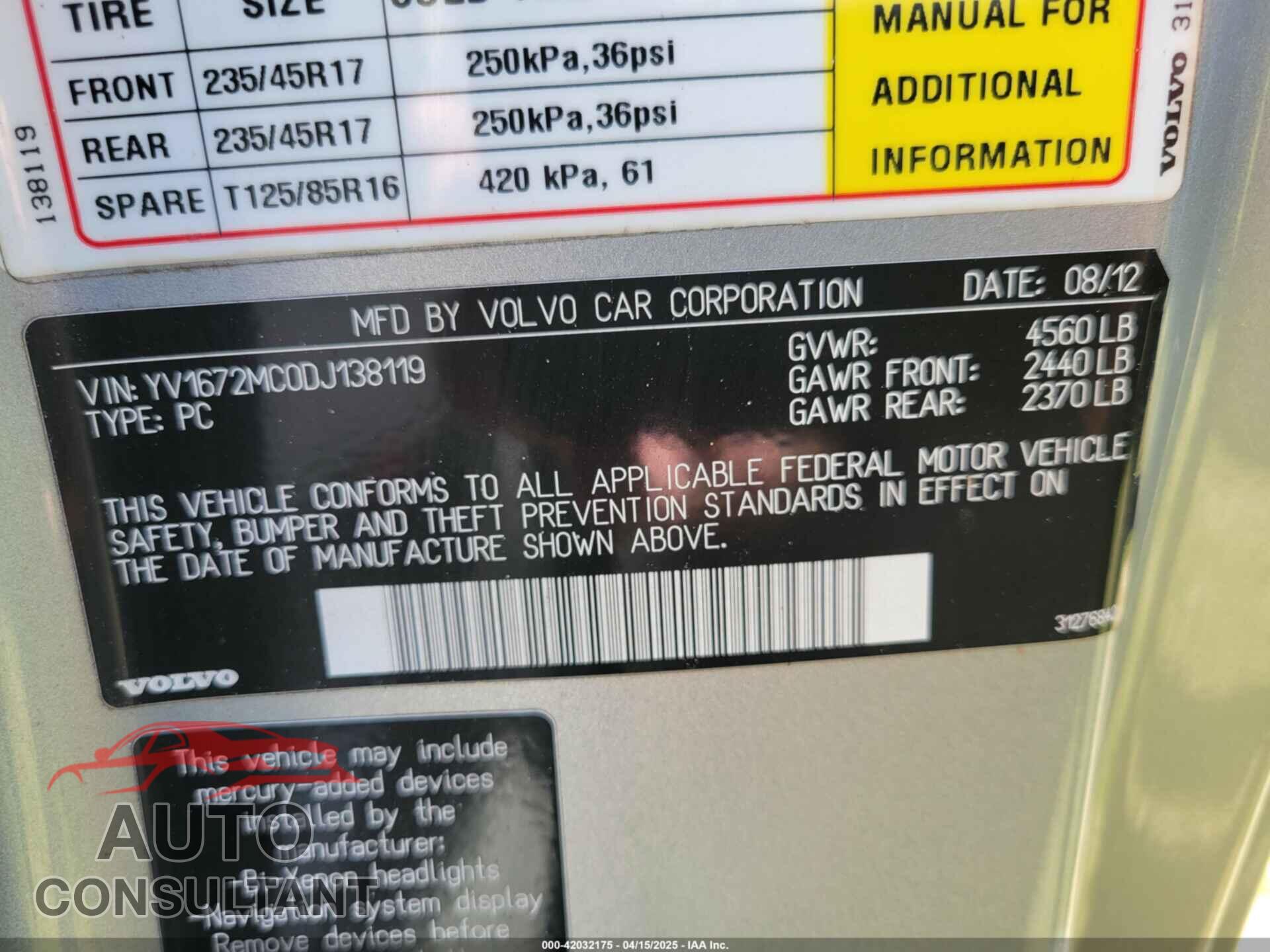 VOLVO C70 2013 - YV1672MCODJ138119